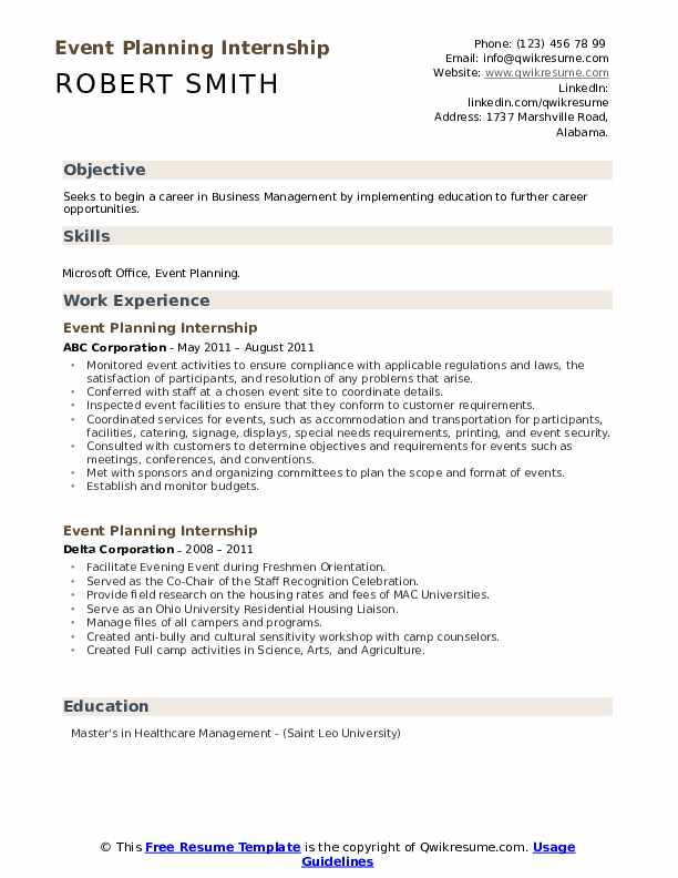 Event Planning Internship Resume Samples QwikResume