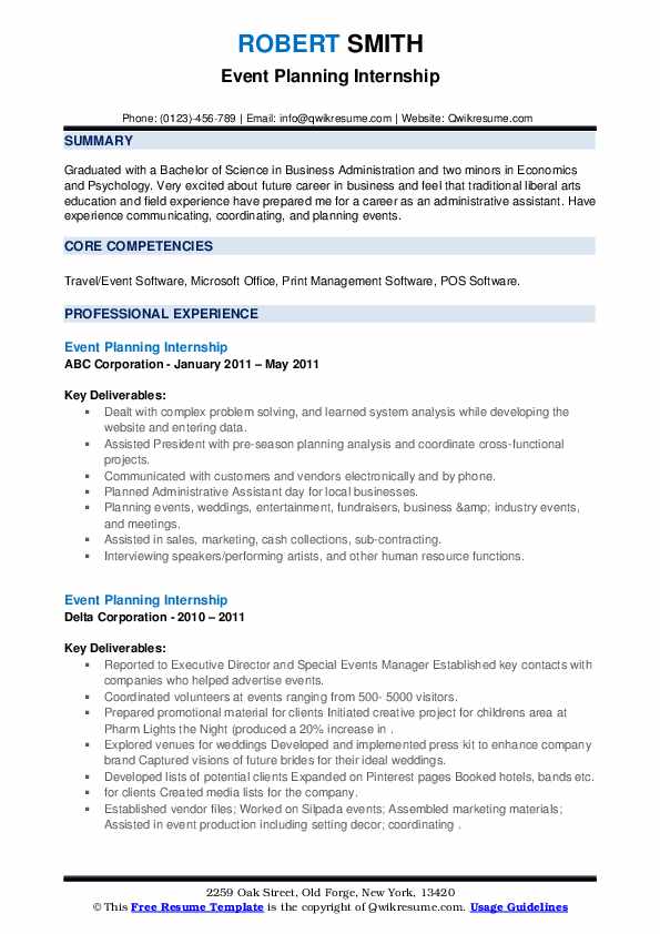 Event Planning Internship Resume Samples QwikResume
