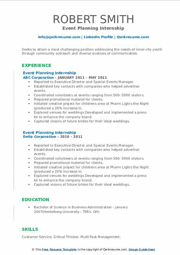 Event Planning Internship Resume Samples QwikResume