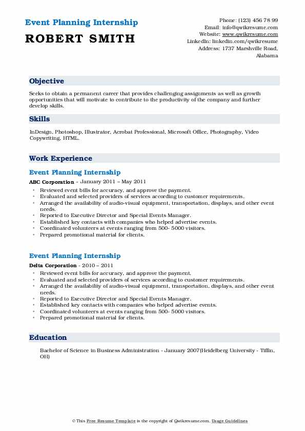 Event Planning Internship Resume Samples QwikResume
