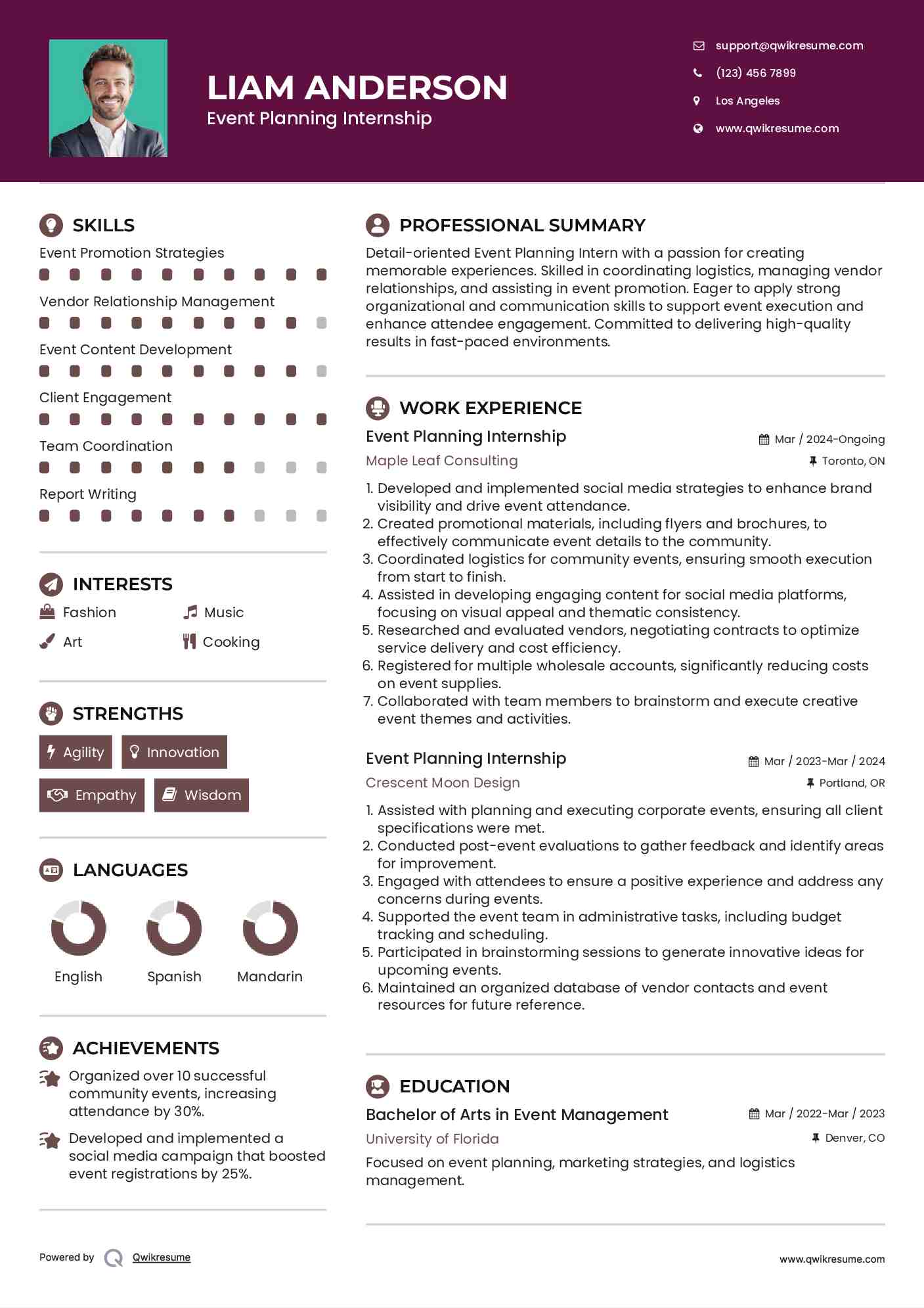 Event Planning Internship Resume Samples QwikResume