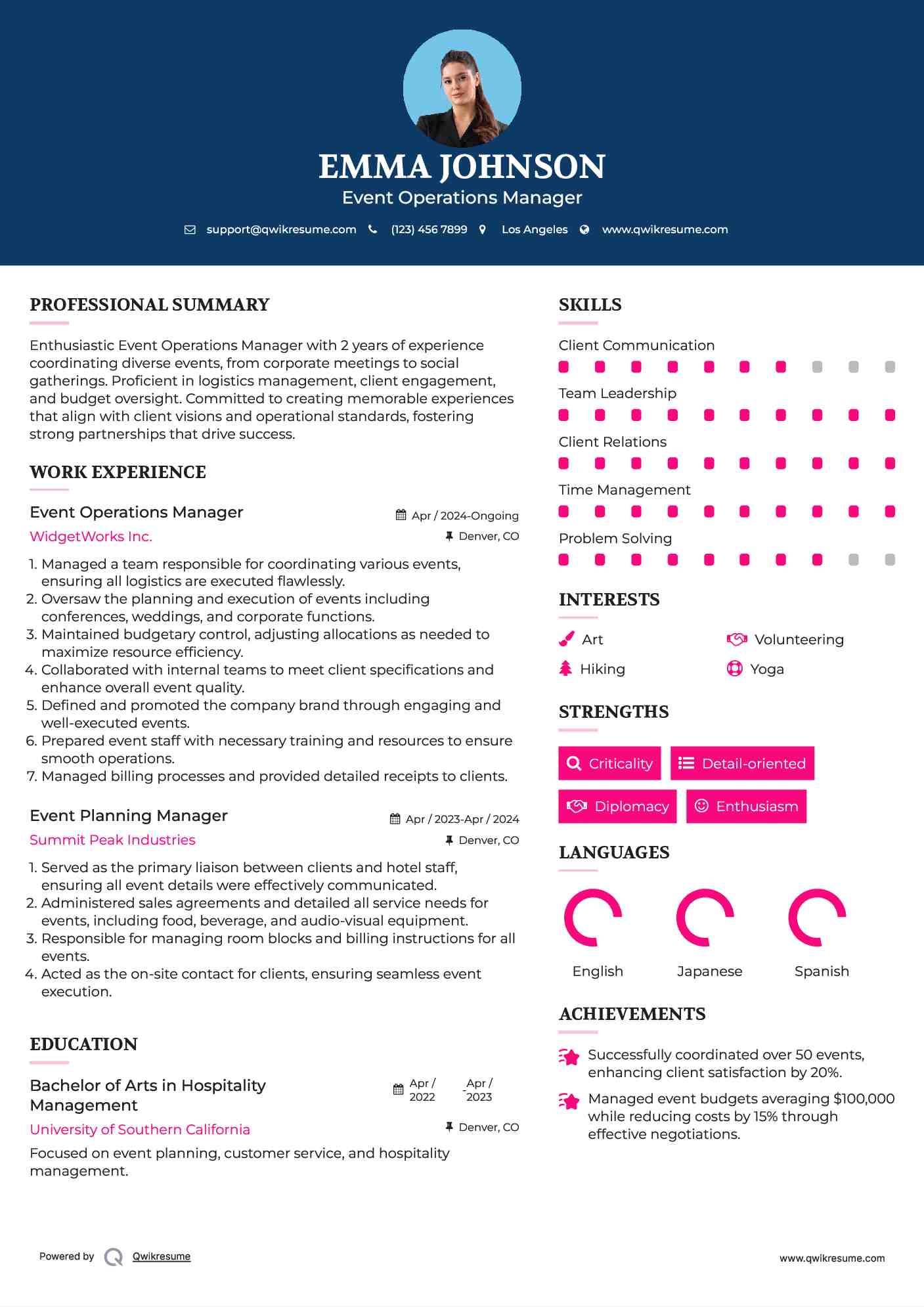 Event Operations Manager Resume Sample