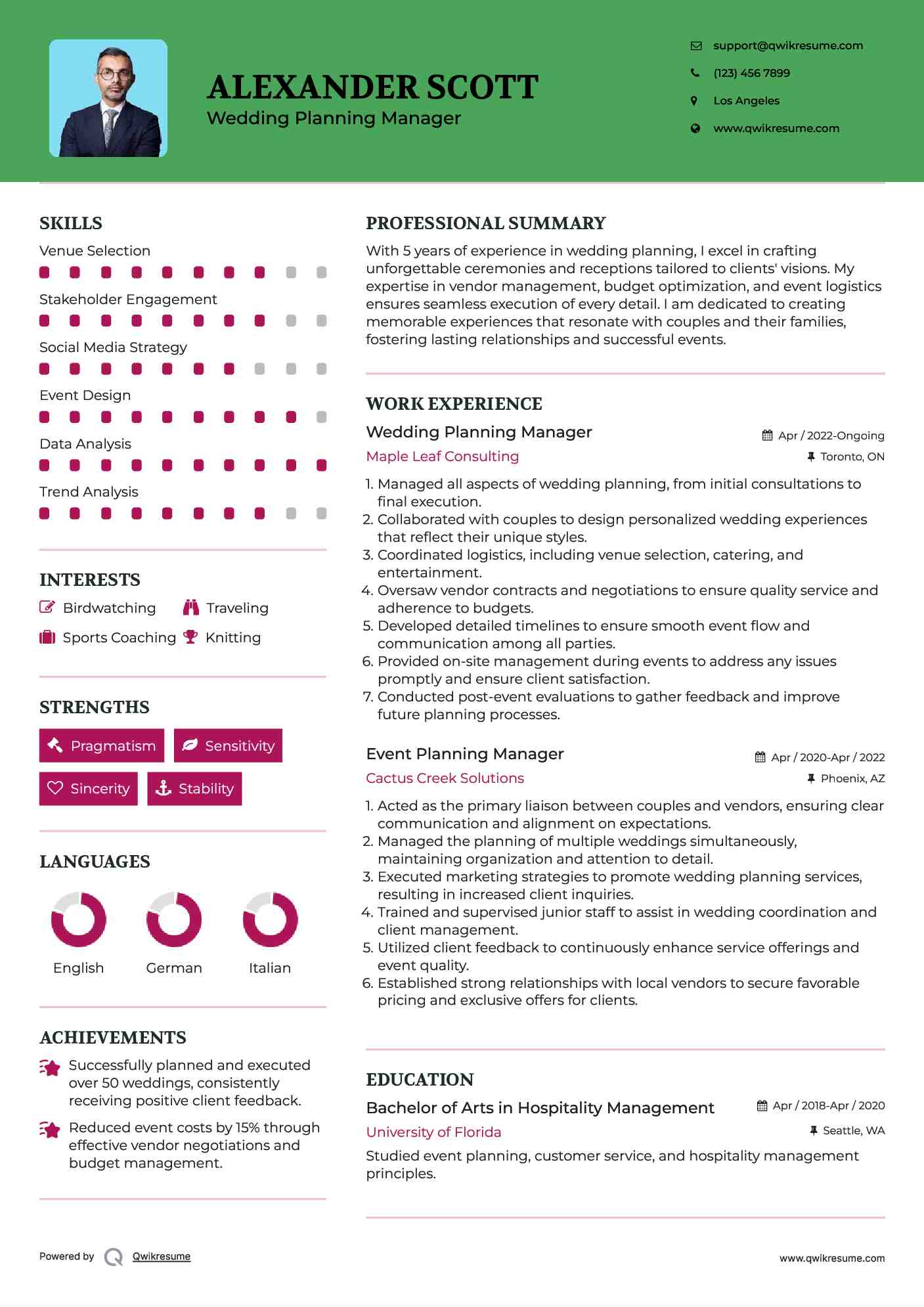 Wedding Planning Manager Resume Example