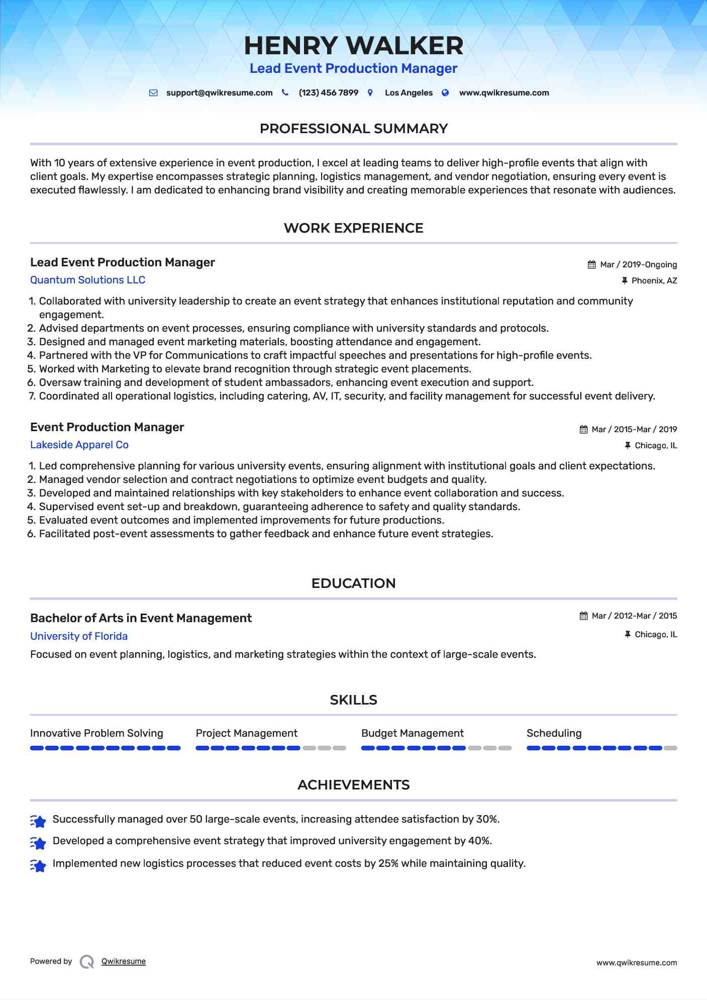 Lead Event Production Manager Resume Model