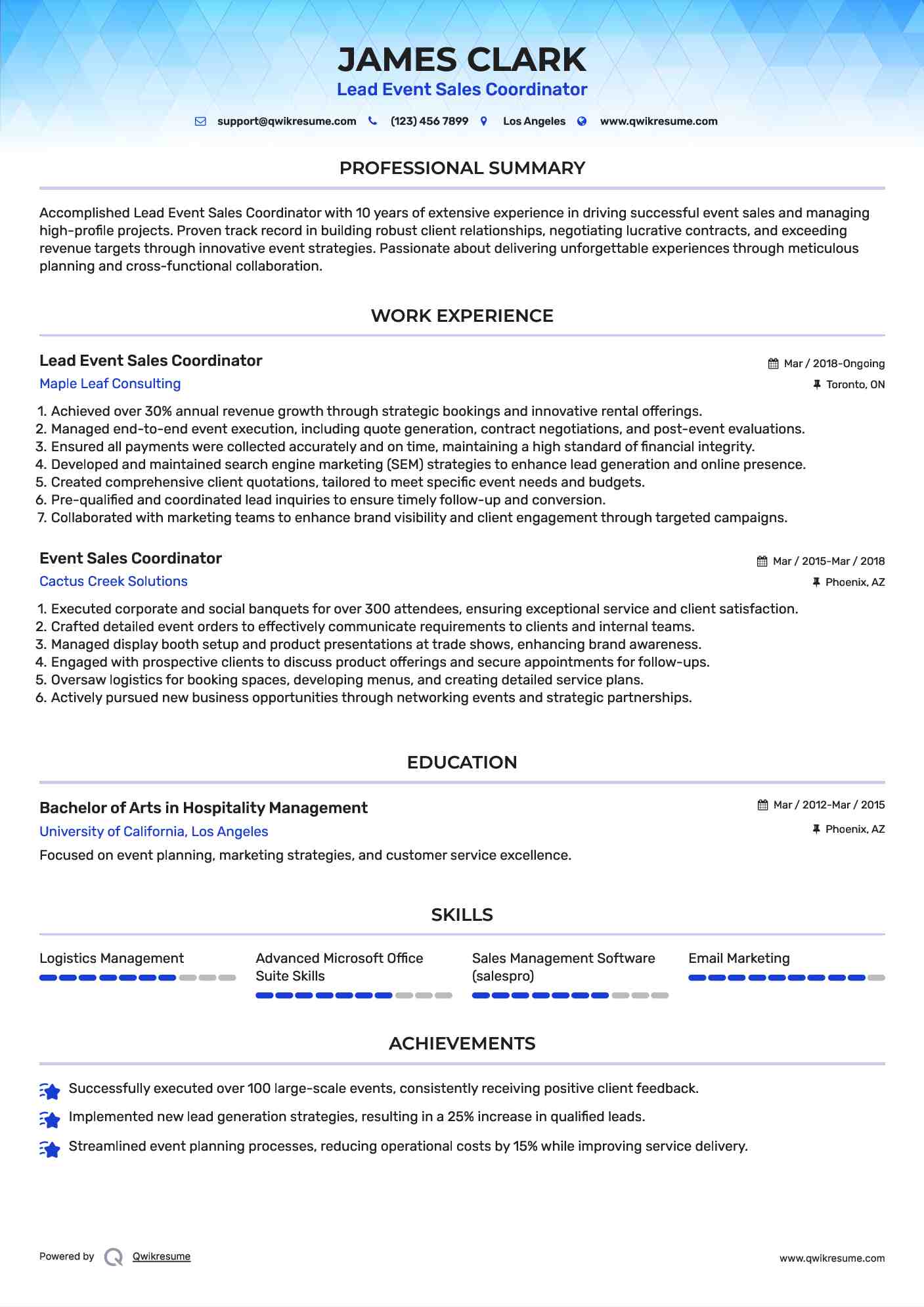 Lead Event Sales Coordinator Resume Sample