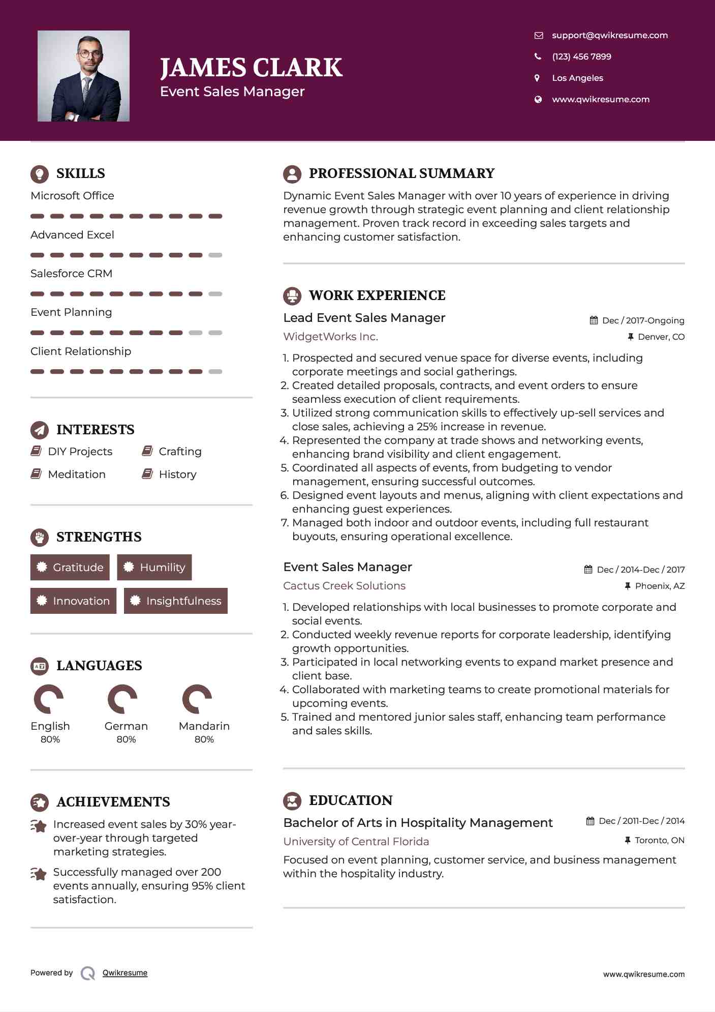 Lead Event Sales Manager Resume Model