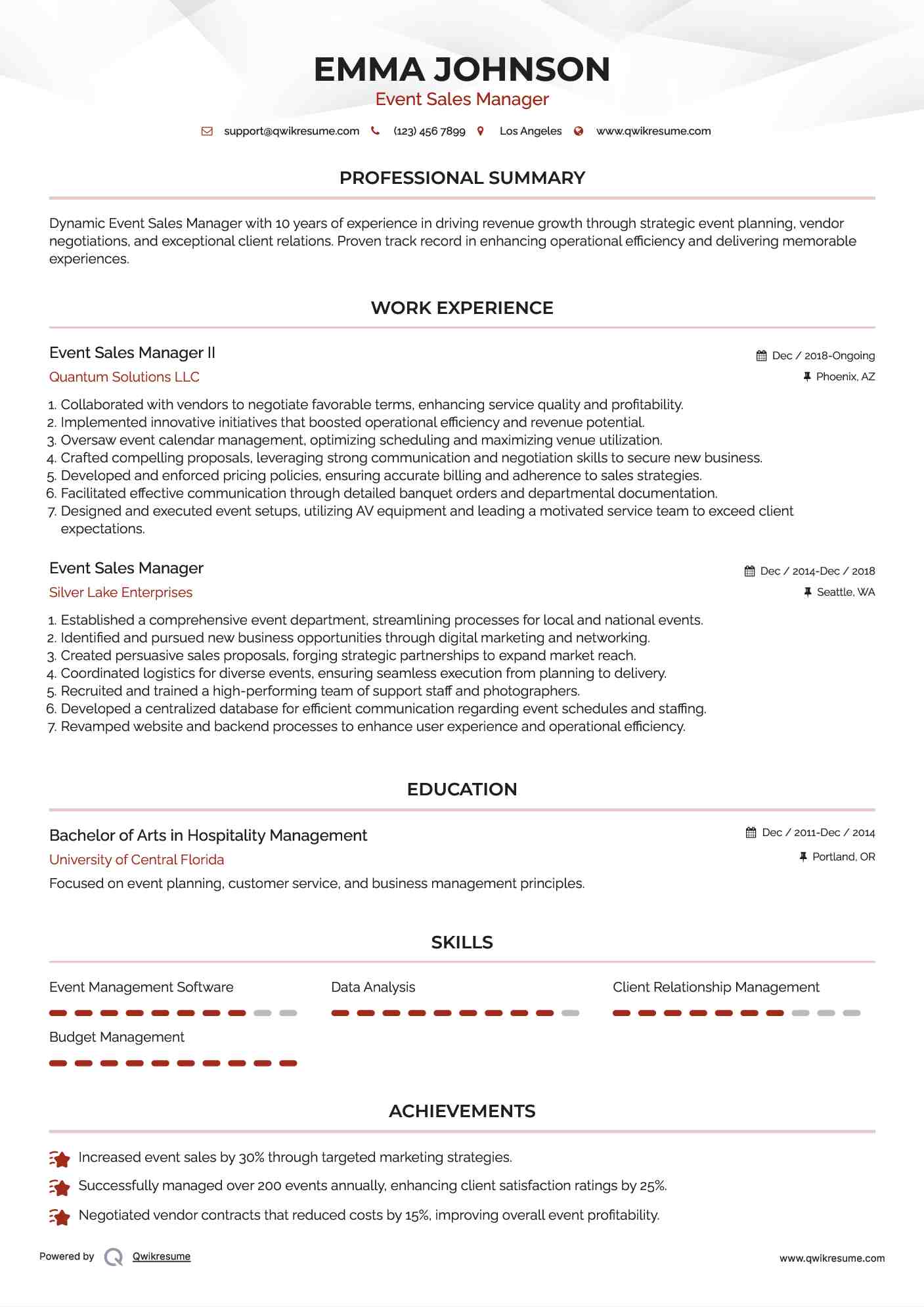 Event Sales Manager II Resume Format