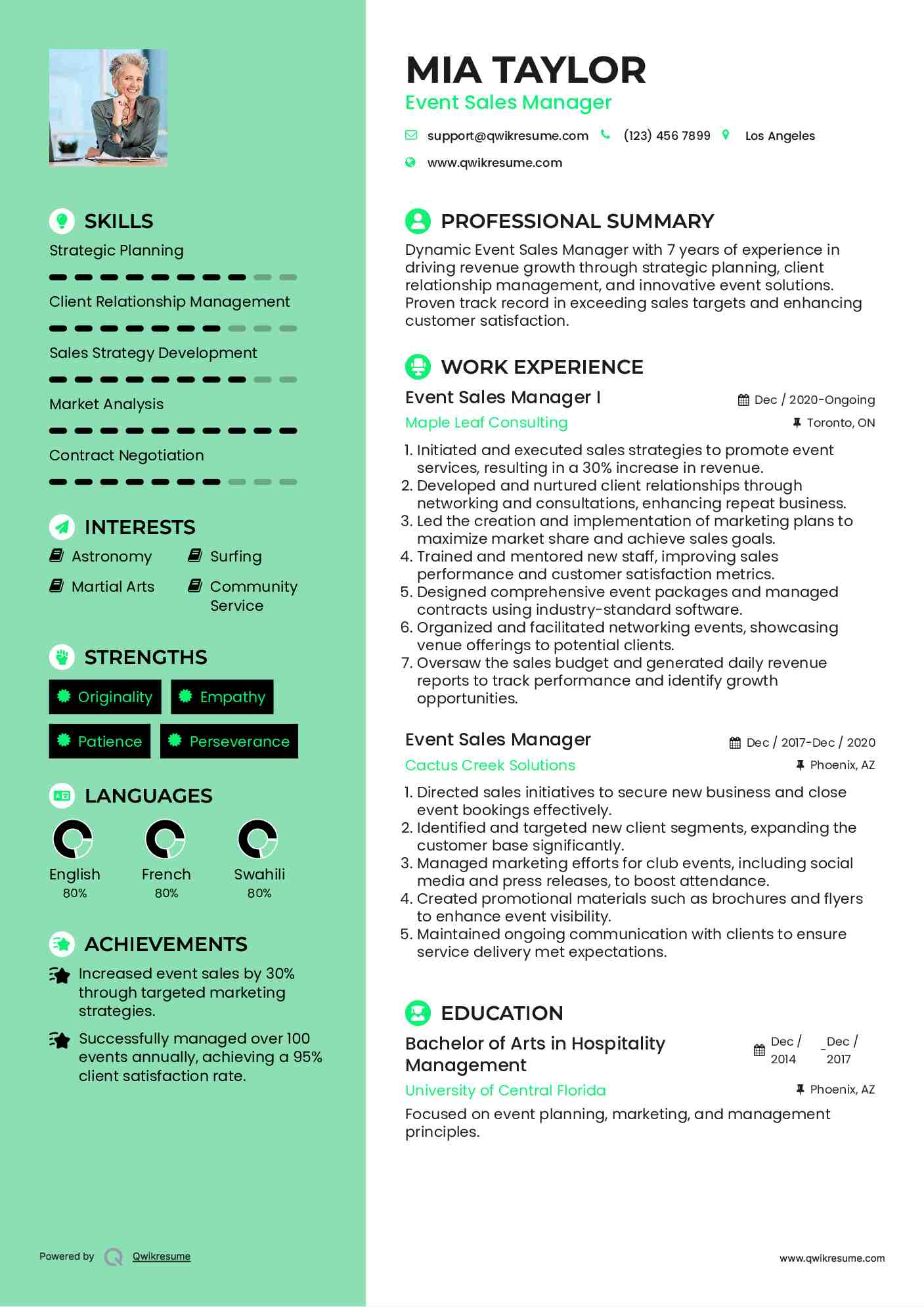 Event Sales Manager I Resume Model