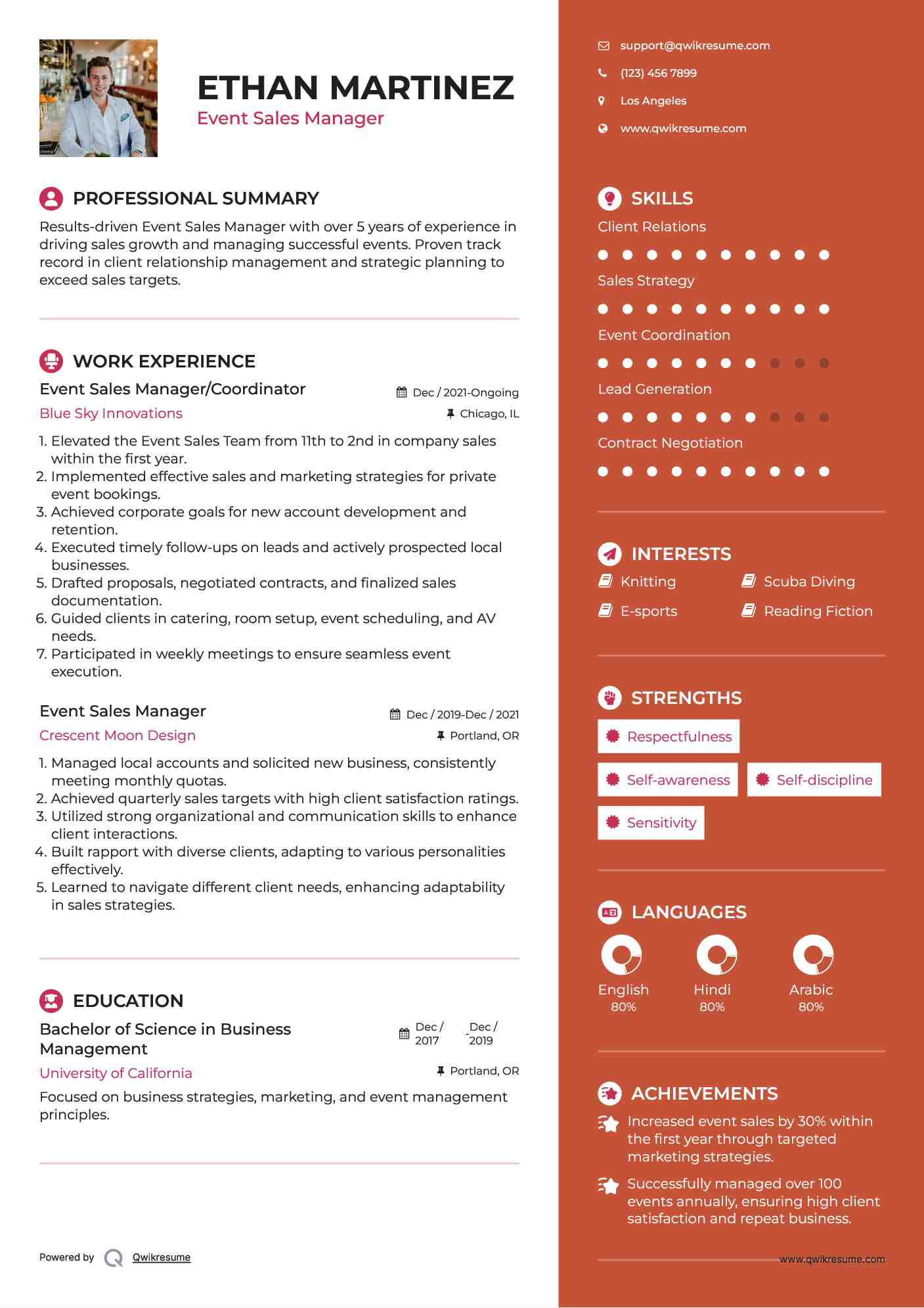 Event Sales Manager/Coordinator Resume Format