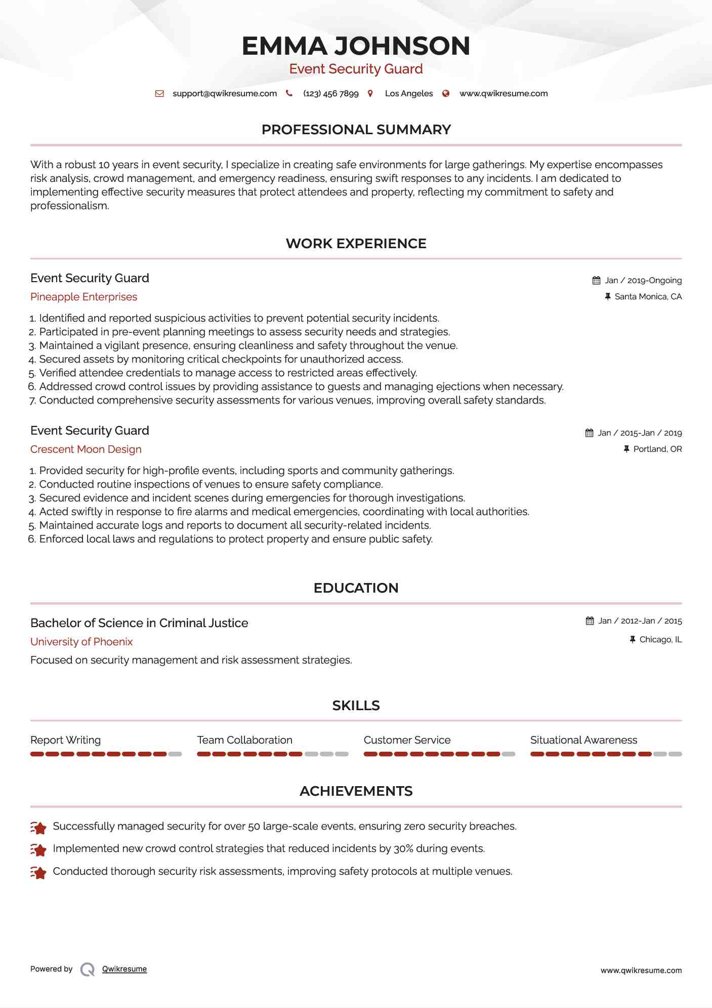 Event Security Guard Resume Samples QwikResume