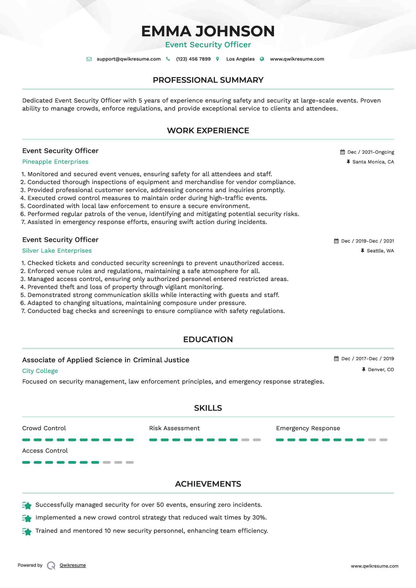 Event Security Officer Resume Template