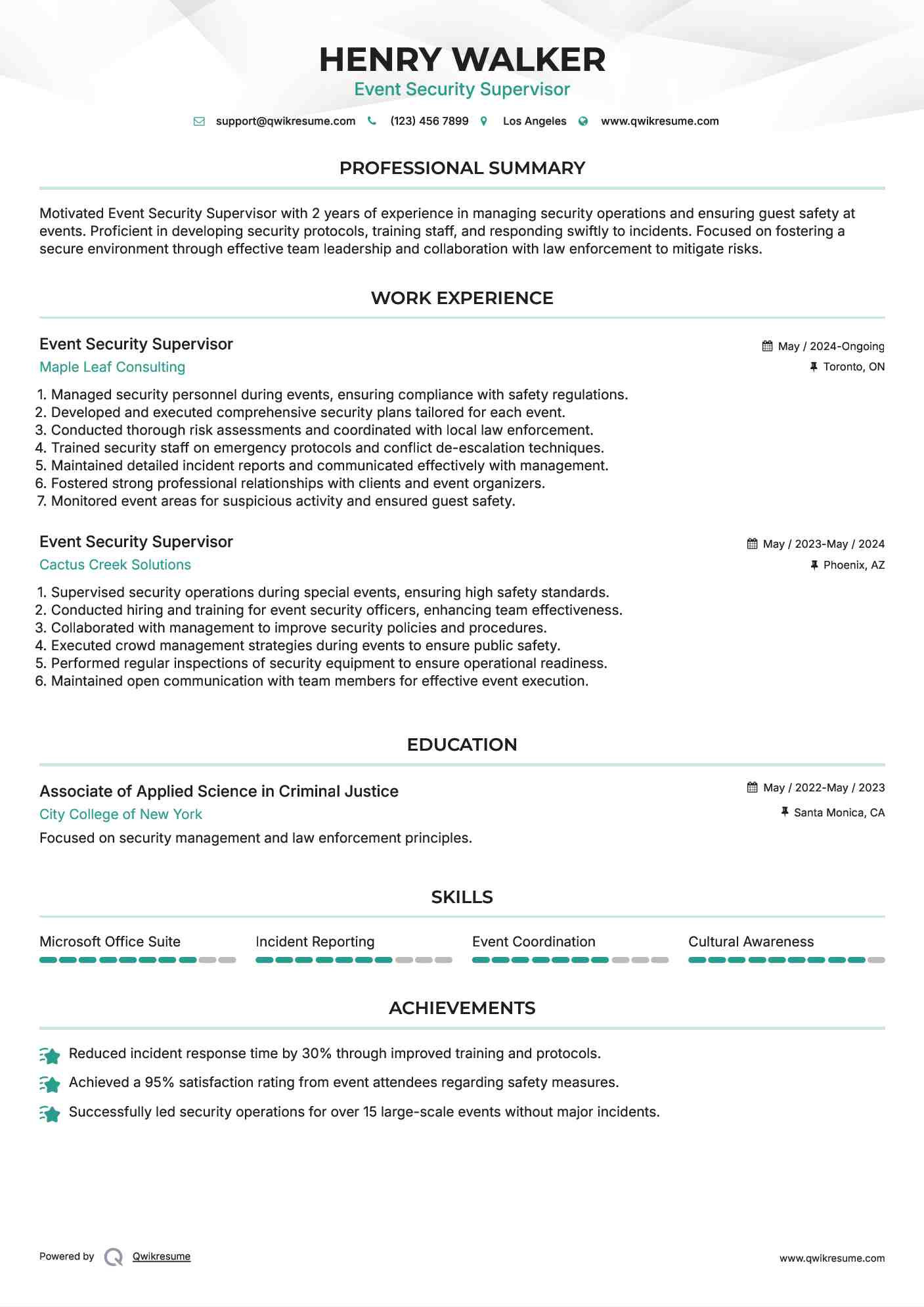 Event Security Supervisor Resume Model
