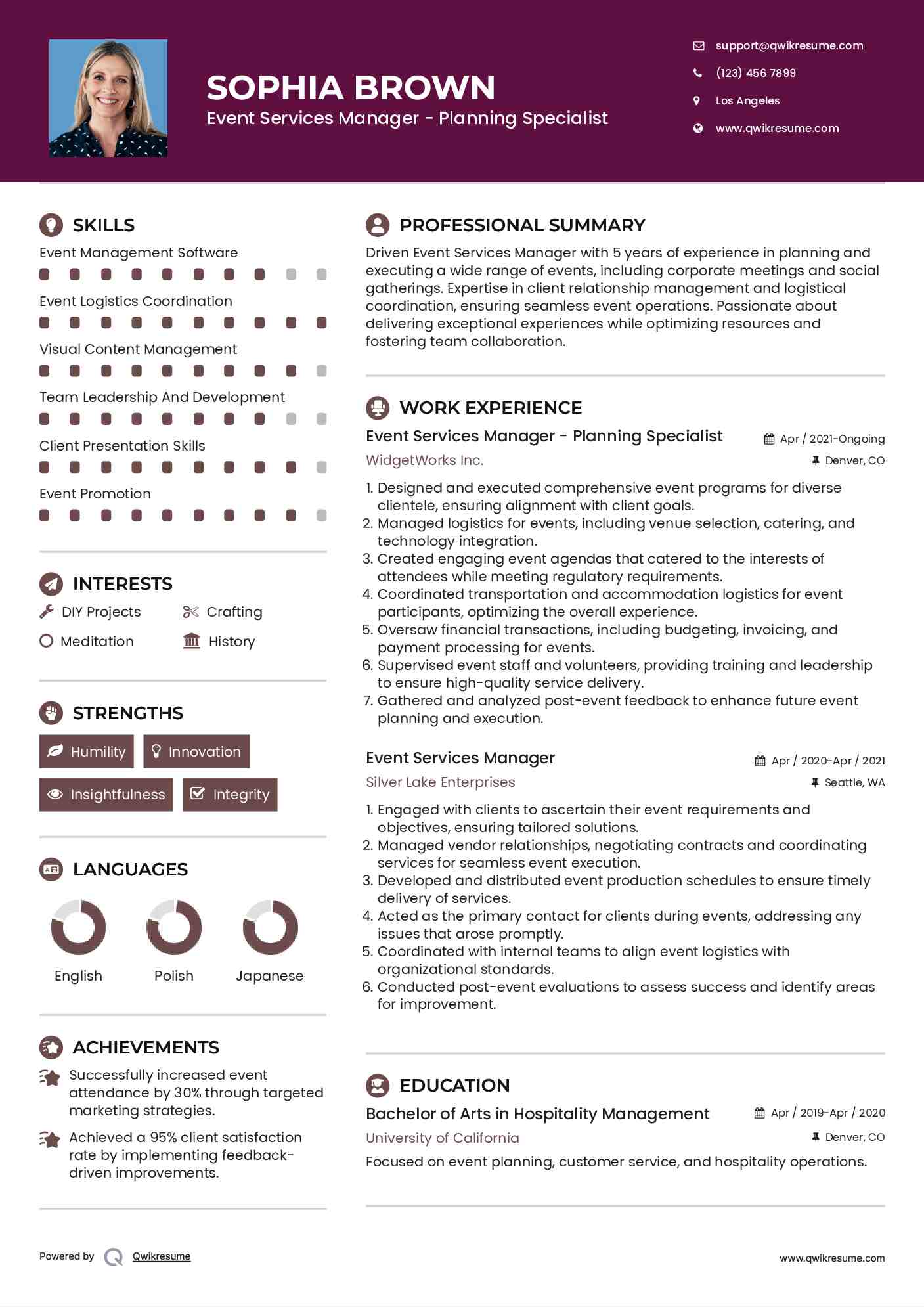 Event Services Manager - Planning Specialist Resume Example