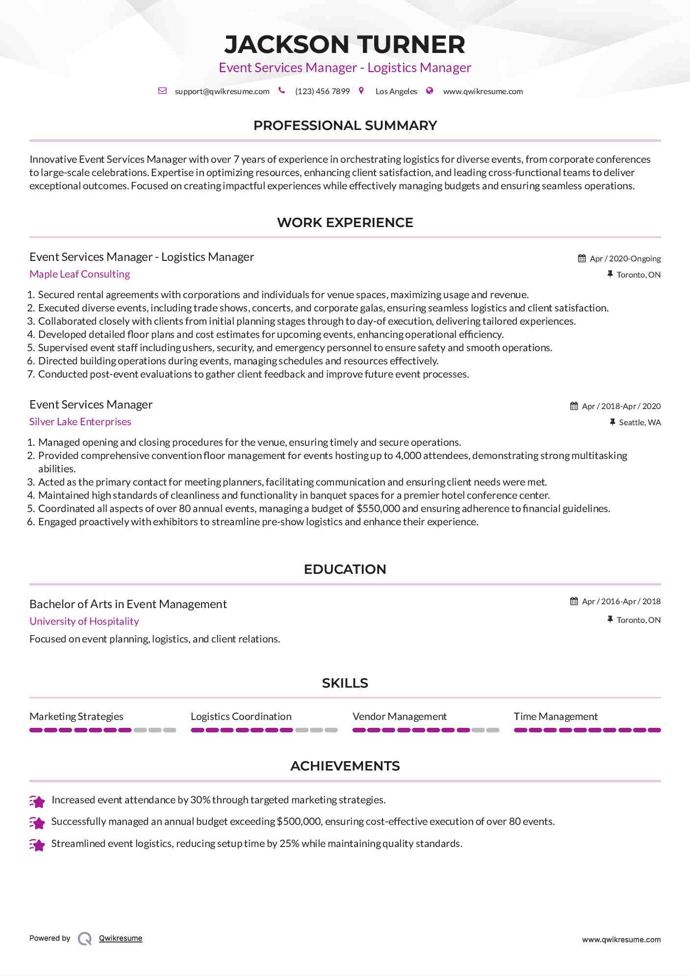 Event Services Manager - Logistics Manager Resume Model