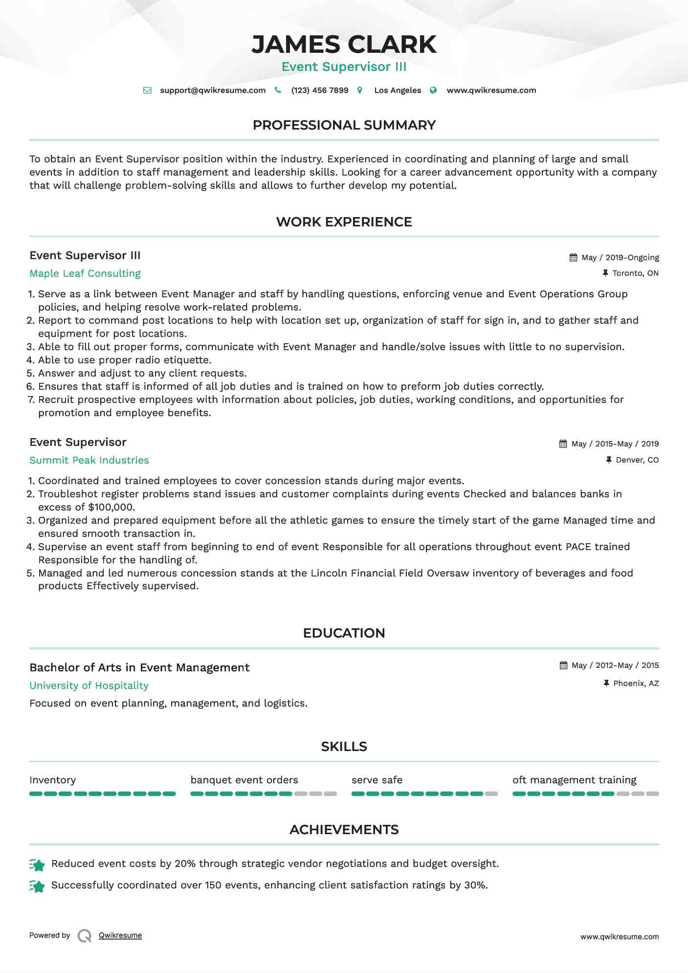 Event Supervisor III Resume Template