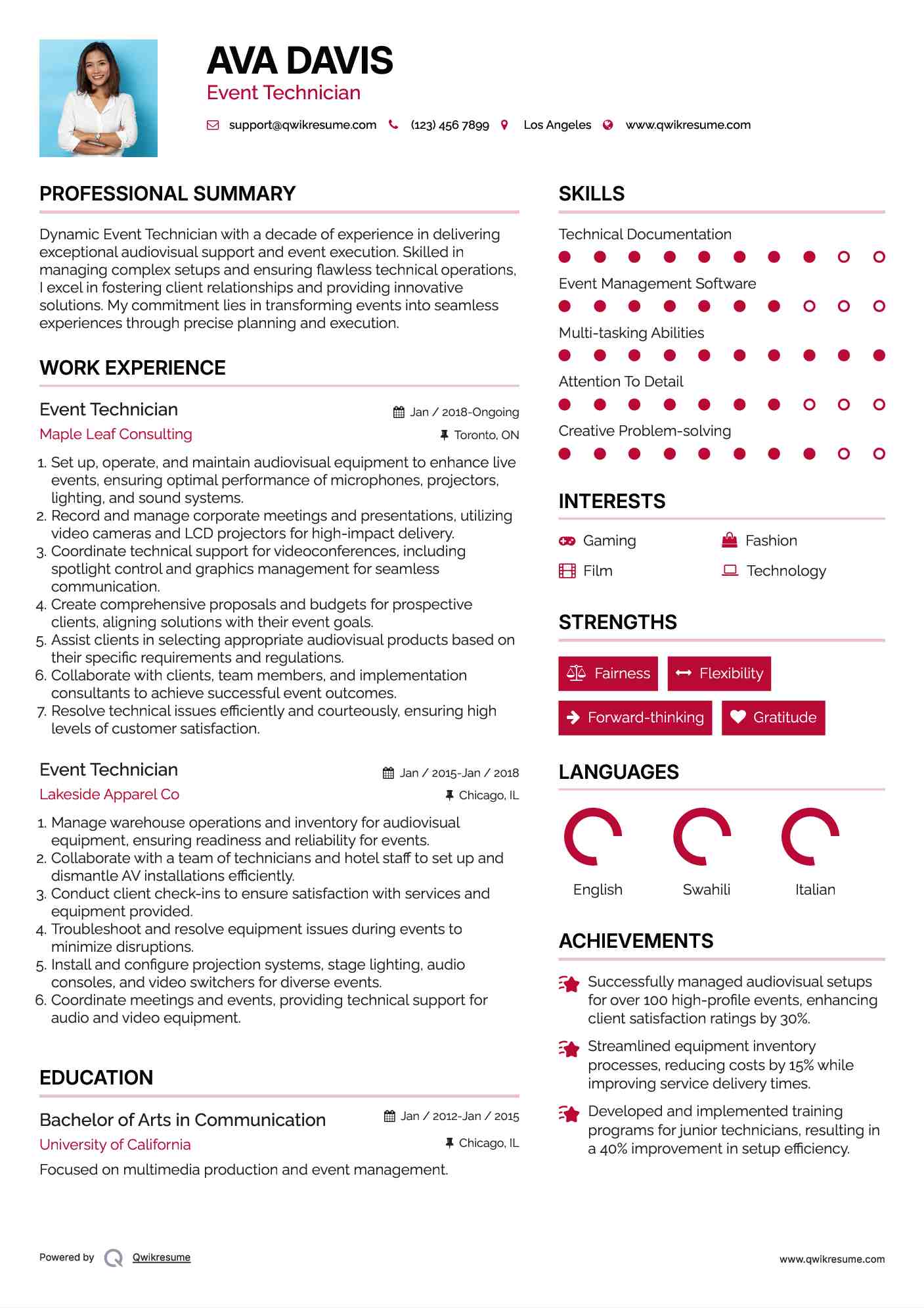 Event Technician Resume Sample