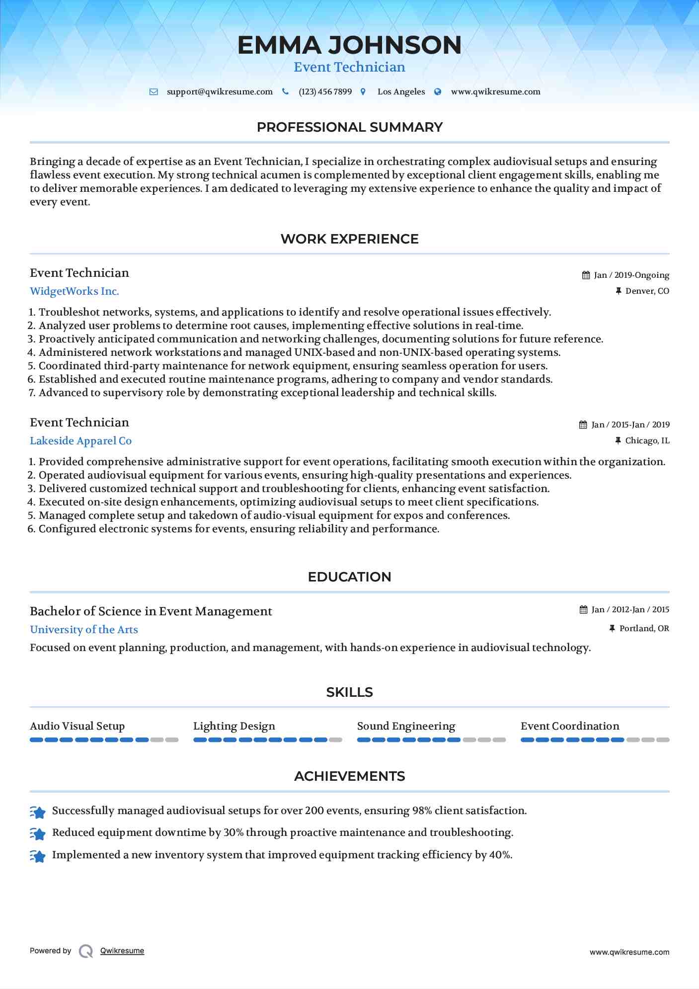 Event Technician Resume Example