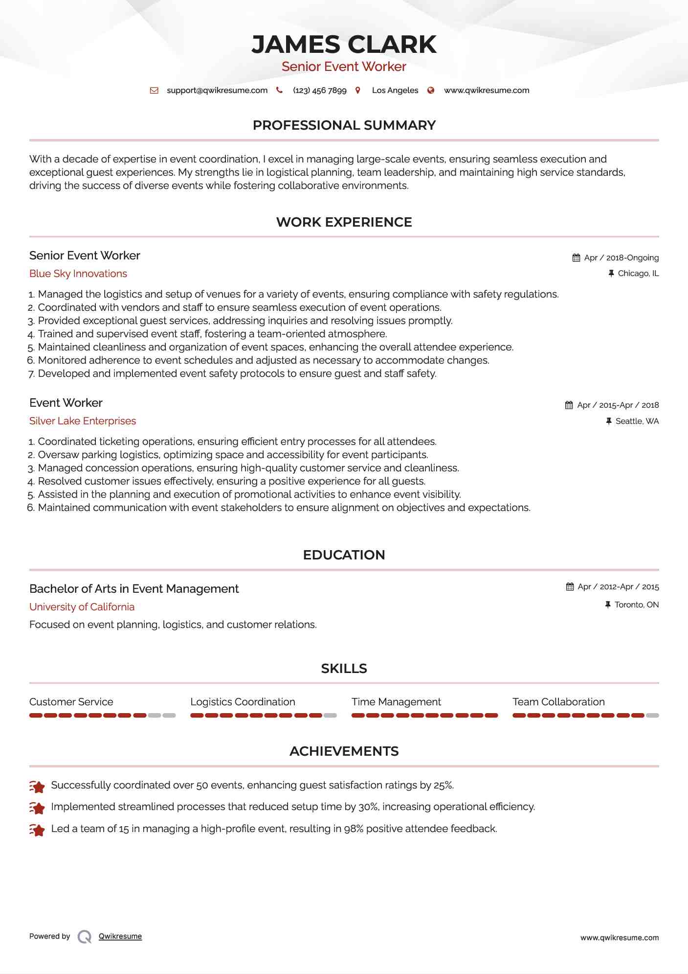 Senior Event Worker Resume Format