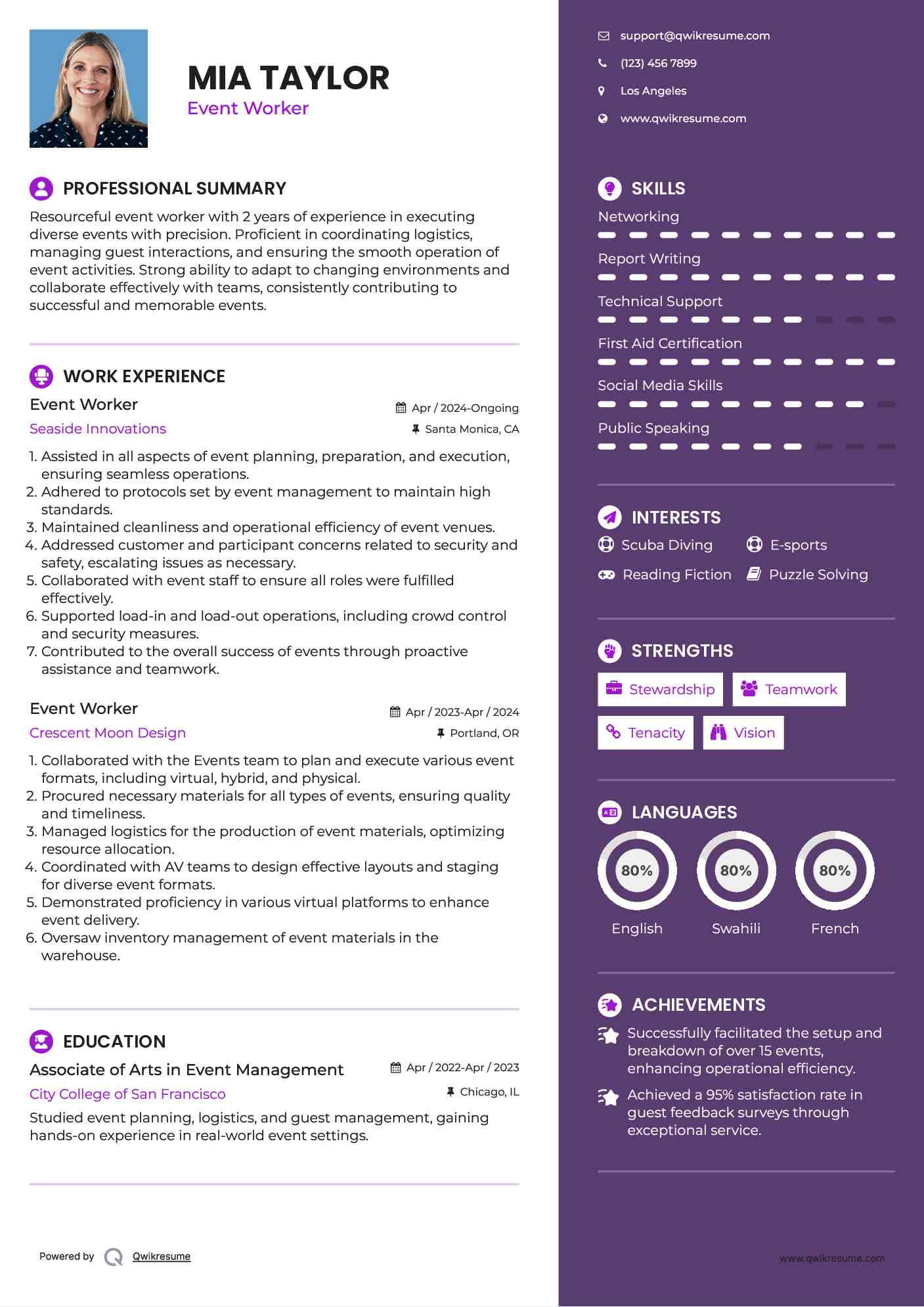 Event Worker Resume Sample