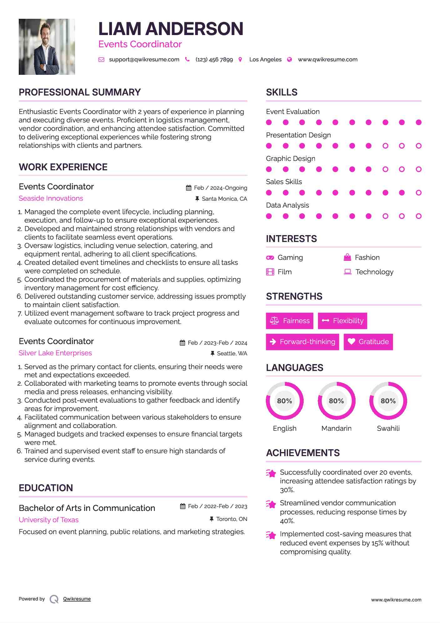 Events Coordinator Resume Samples QwikResume