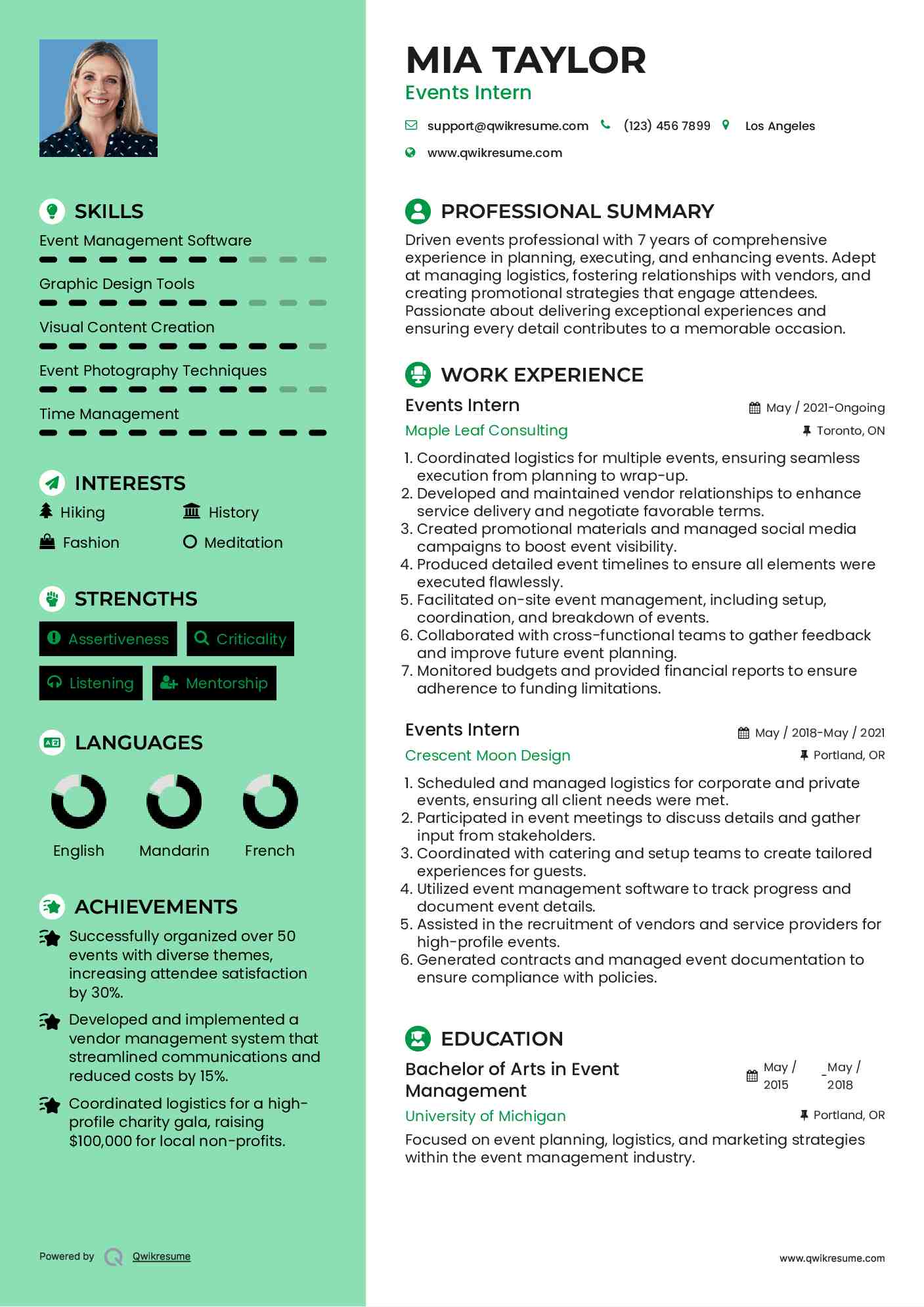 Events Intern Resume Template