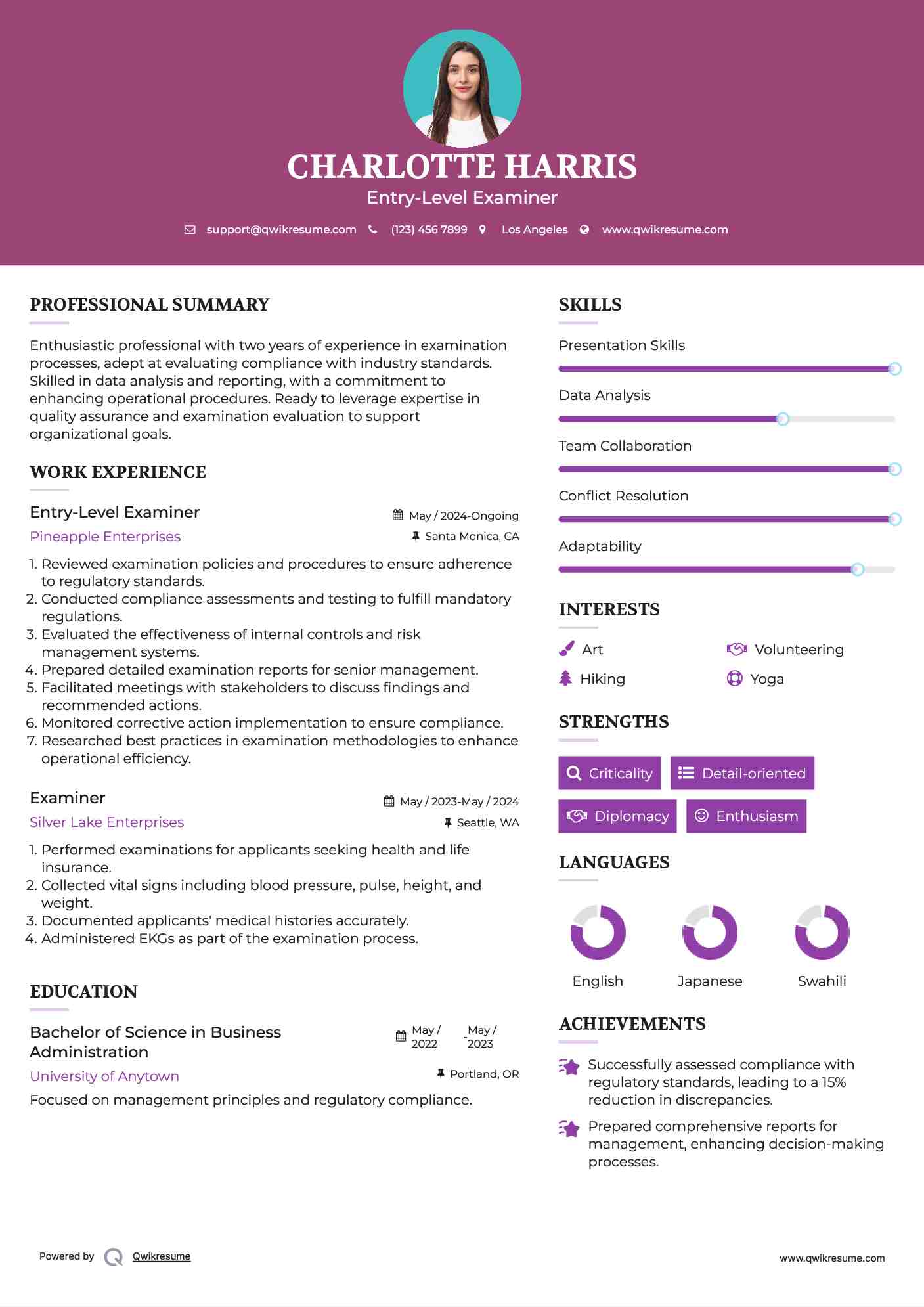 Entry-Level Examiner Resume Example