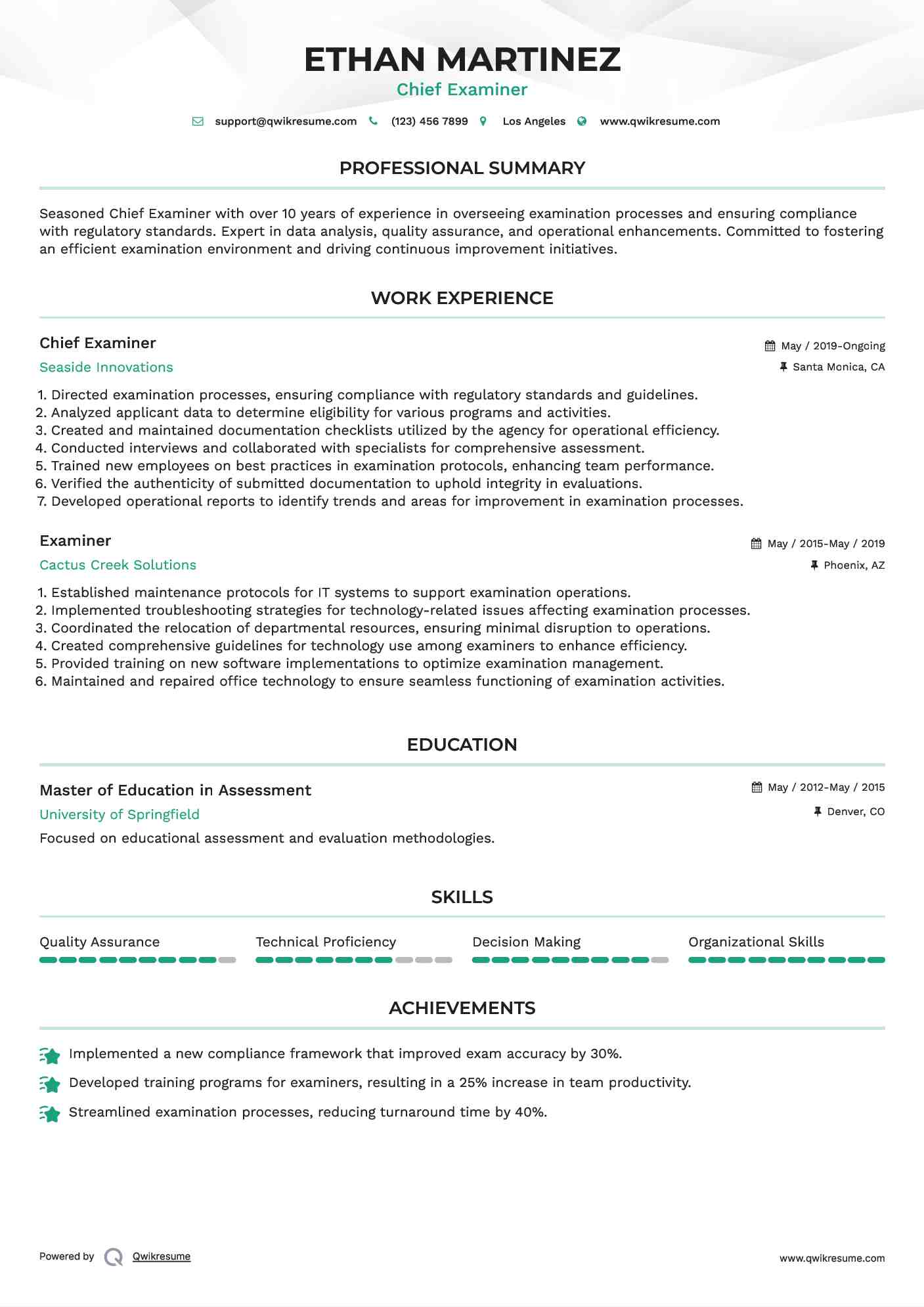 Chief Examiner Resume Format