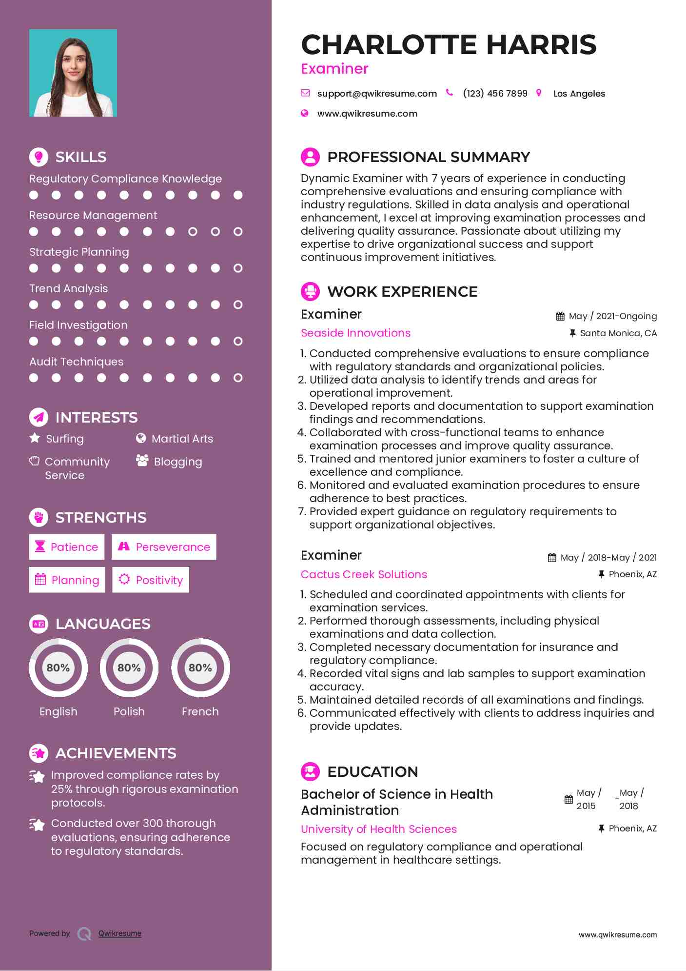 Examiner Resume Sample