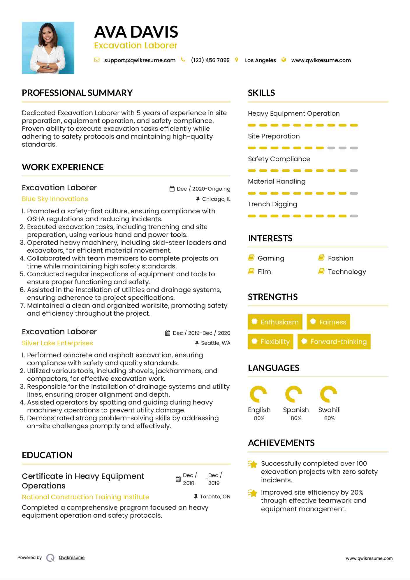 Excavation Laborer Resume Sample