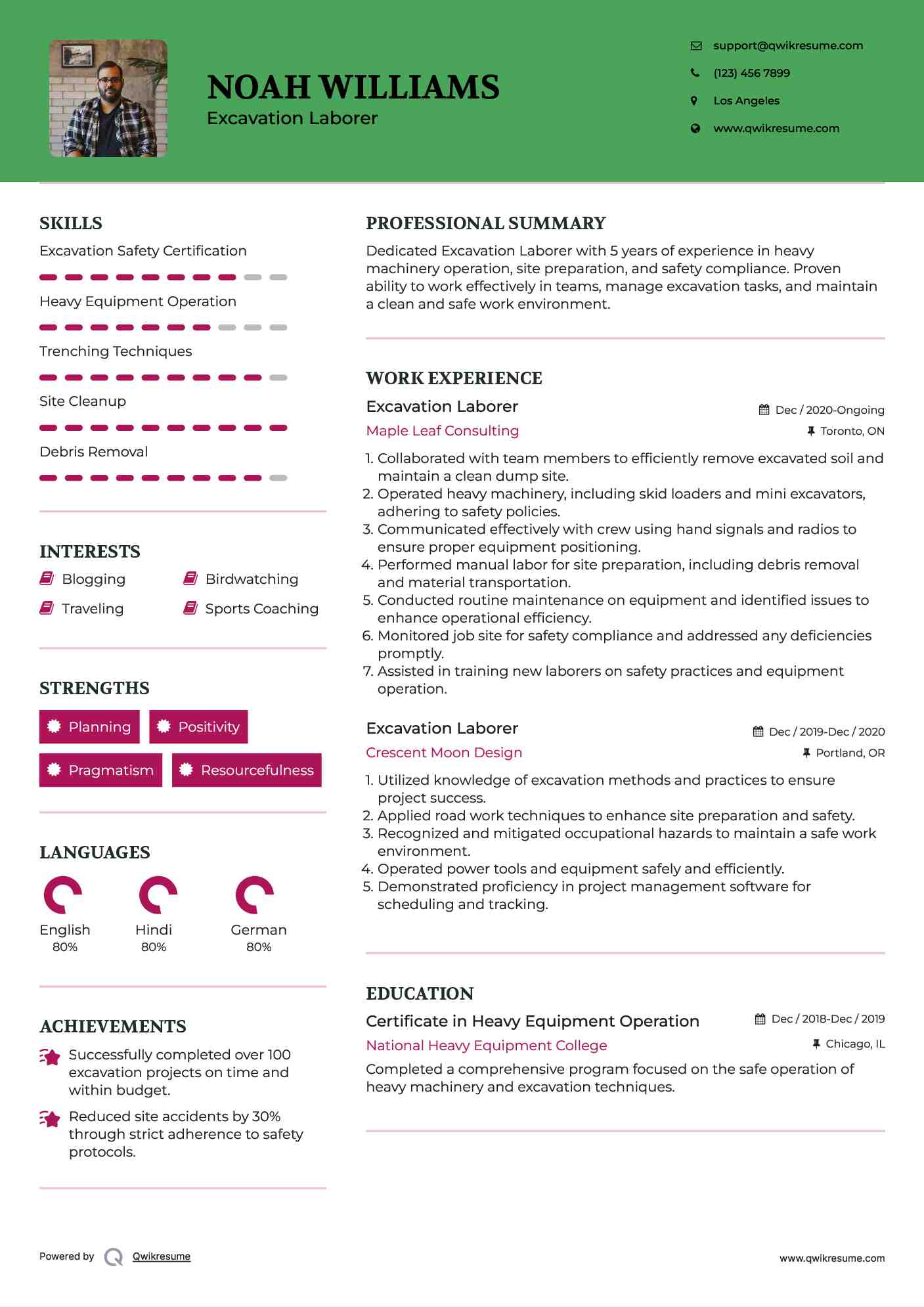 Excavation Laborer Resume Model