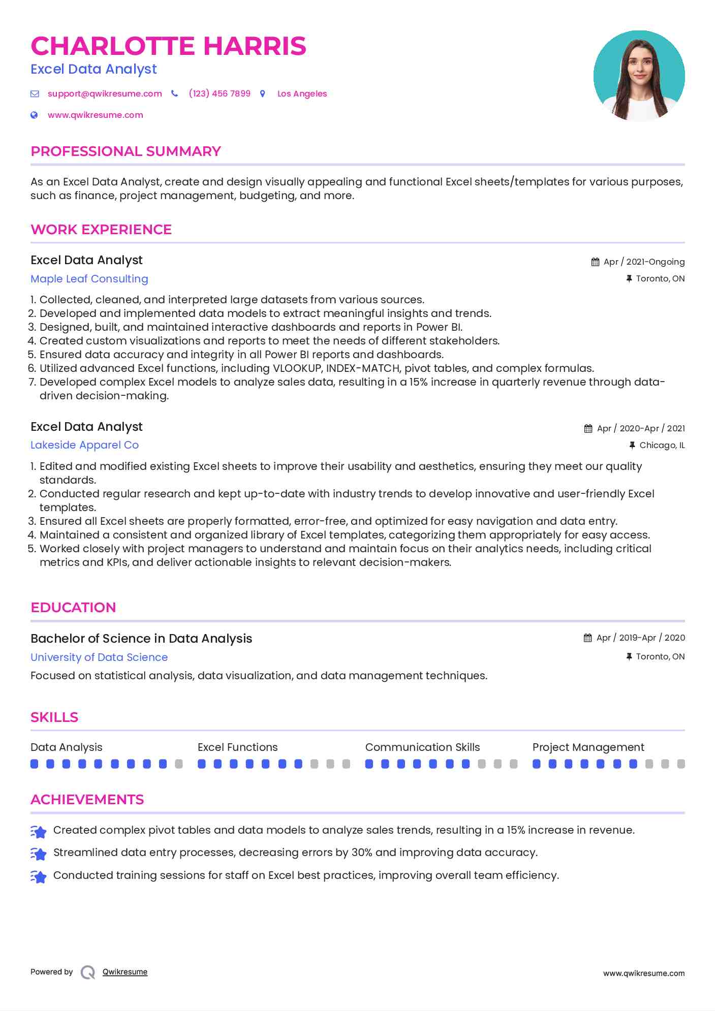 Excel Data Analyst Resume Format