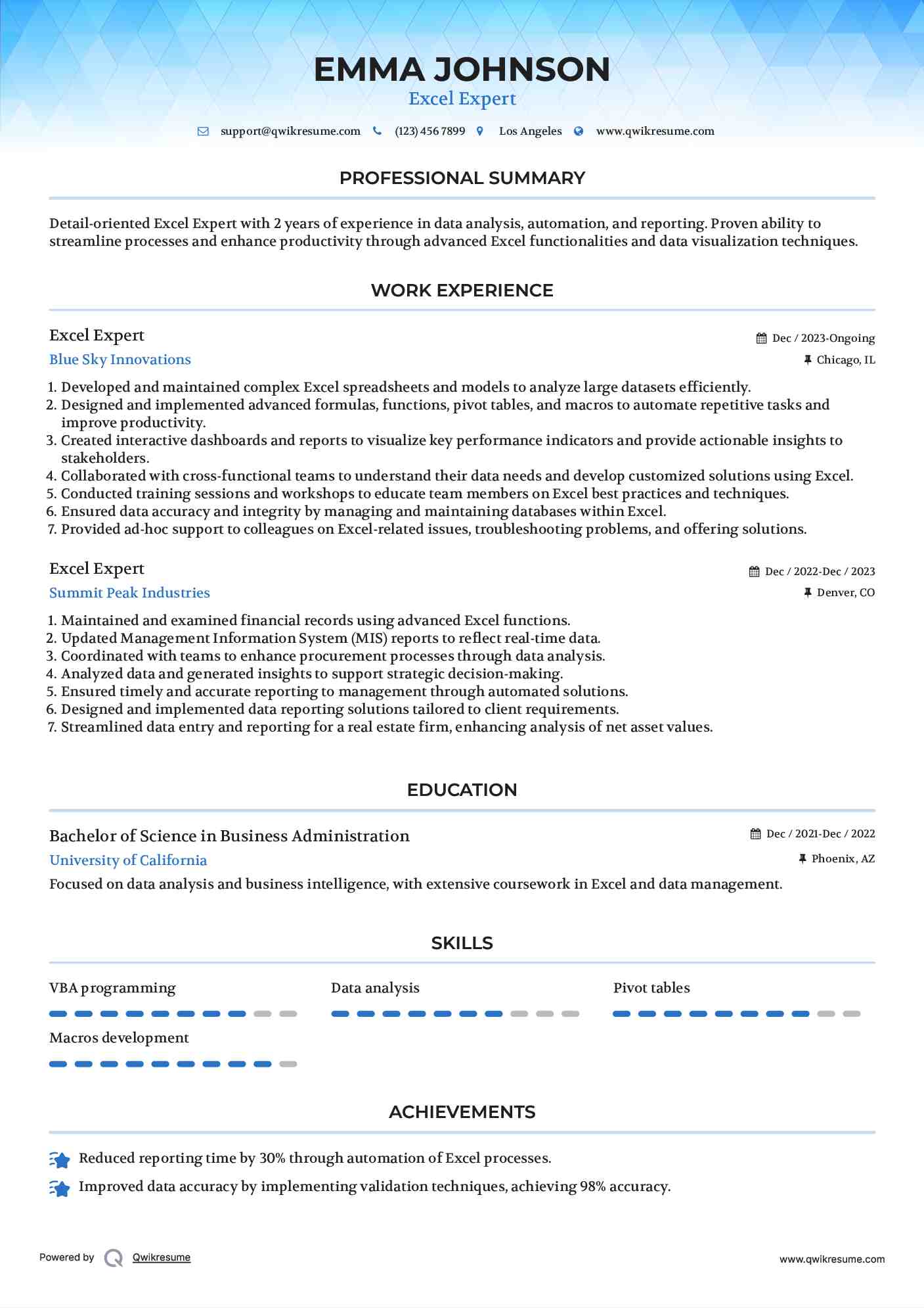 Excel Expert Resume Model