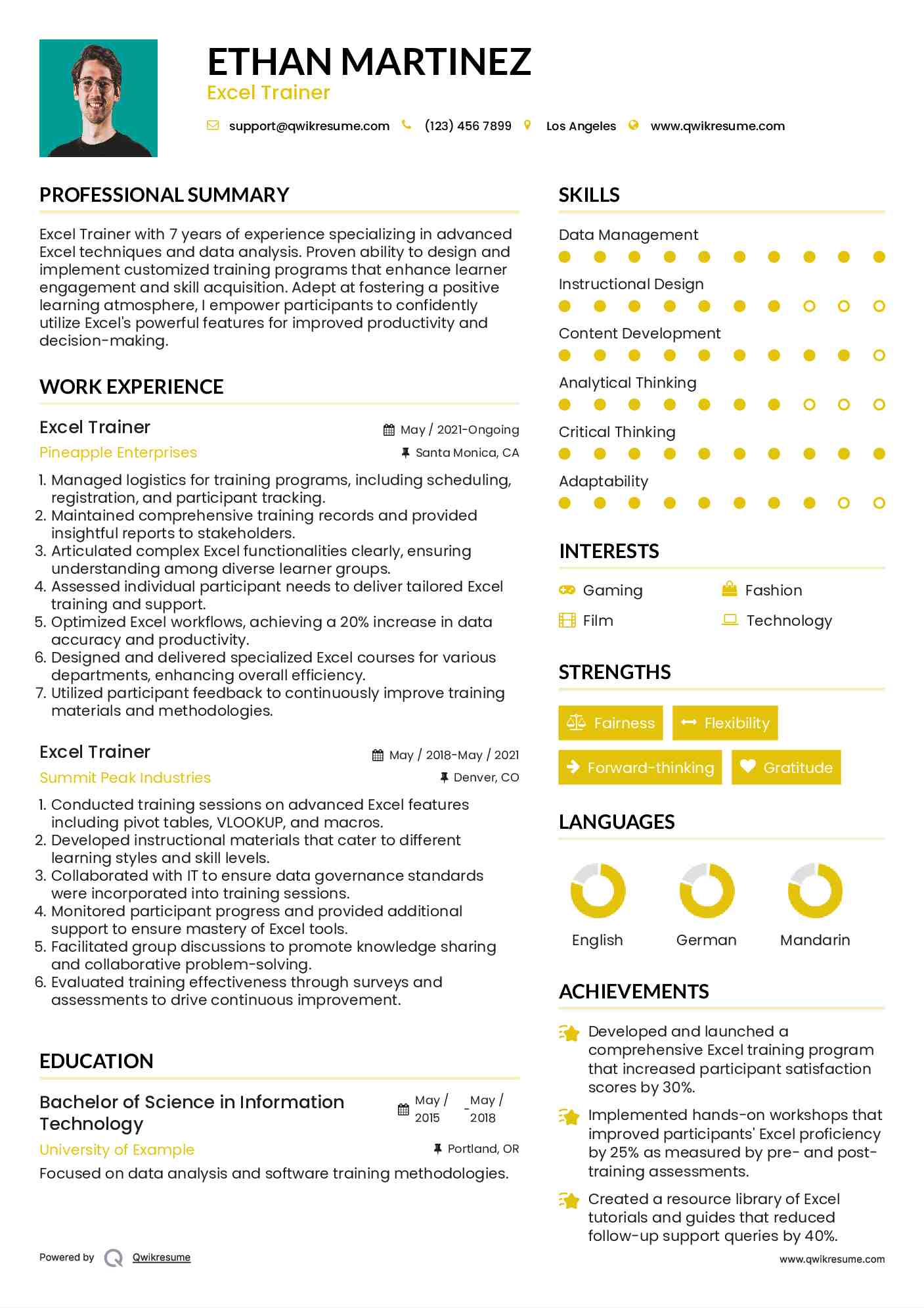 Excel Trainer Resume Sample
