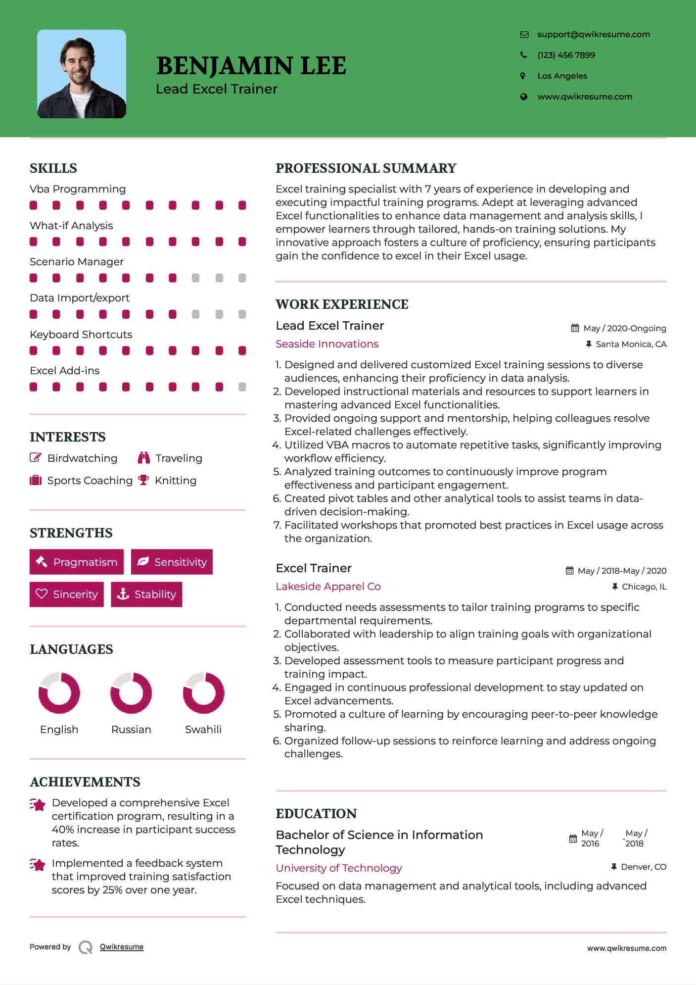 Lead Excel Trainer Resume Model