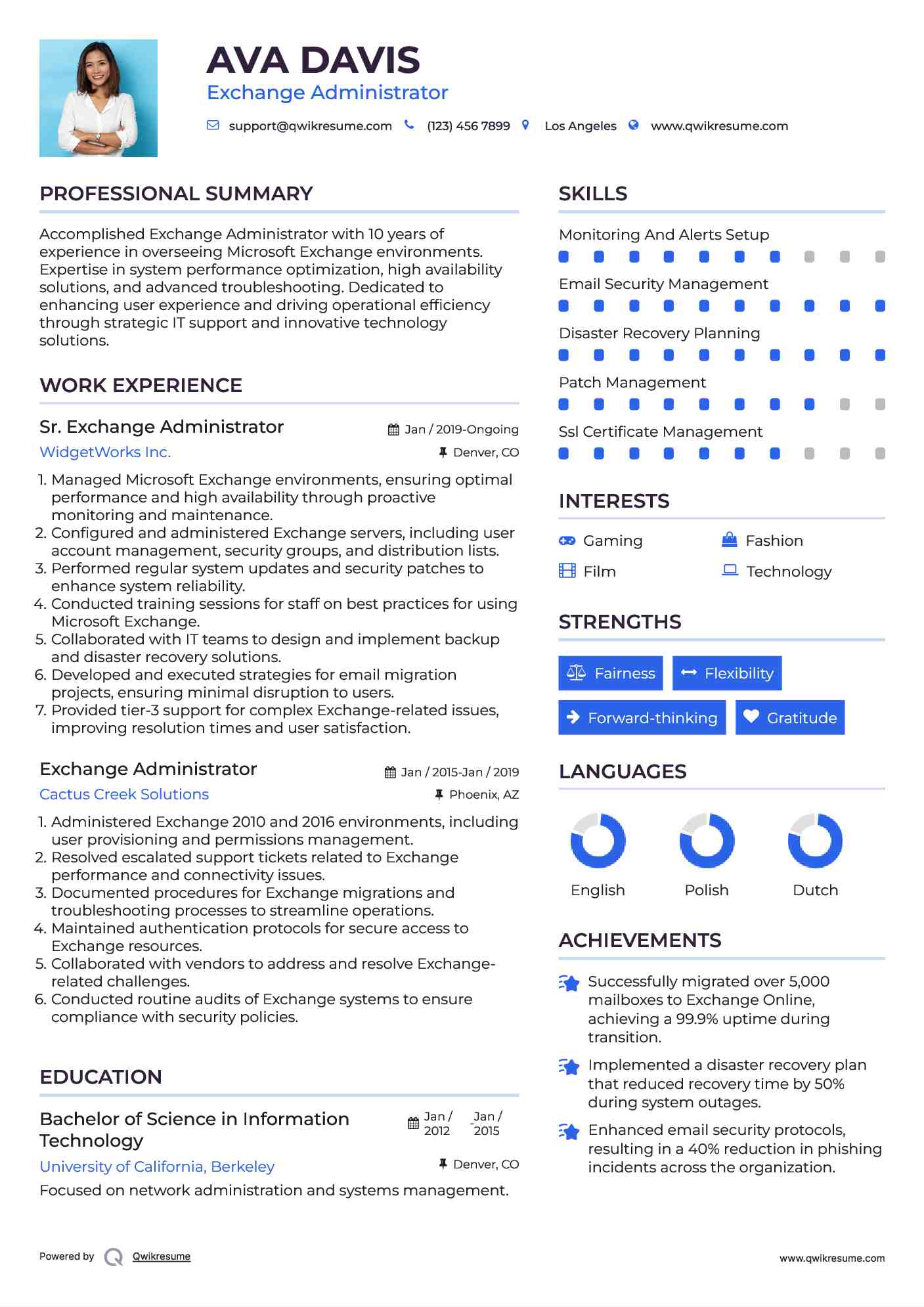 Sr. Exchange Administrator Resume Model