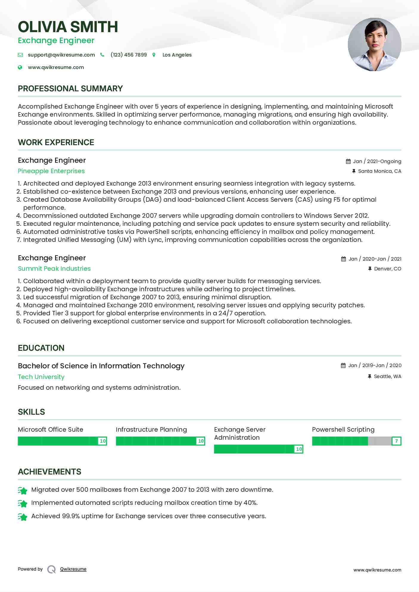 Exchange Engineer Resume Example