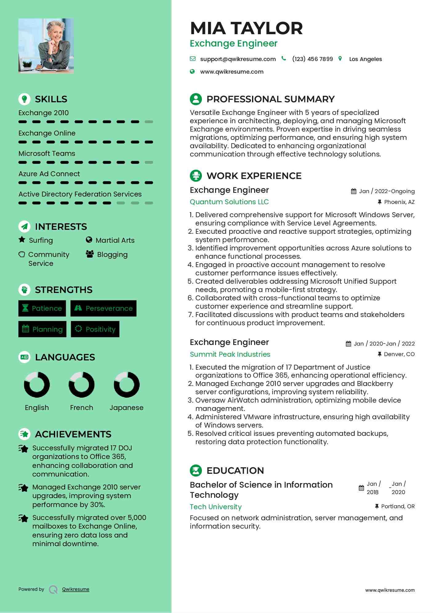 Exchange Engineer Resume Sample