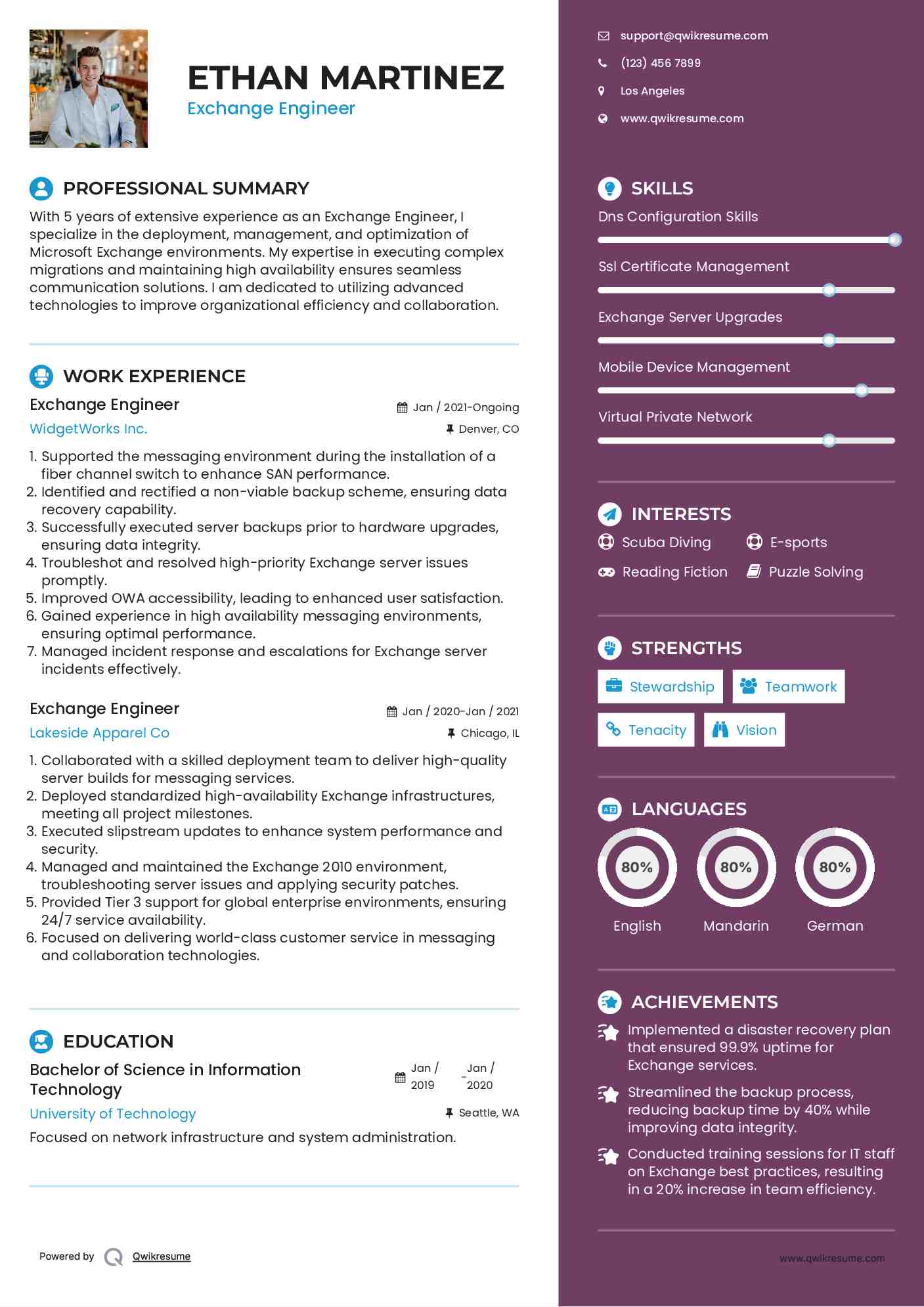 Exchange Engineer Resume Template