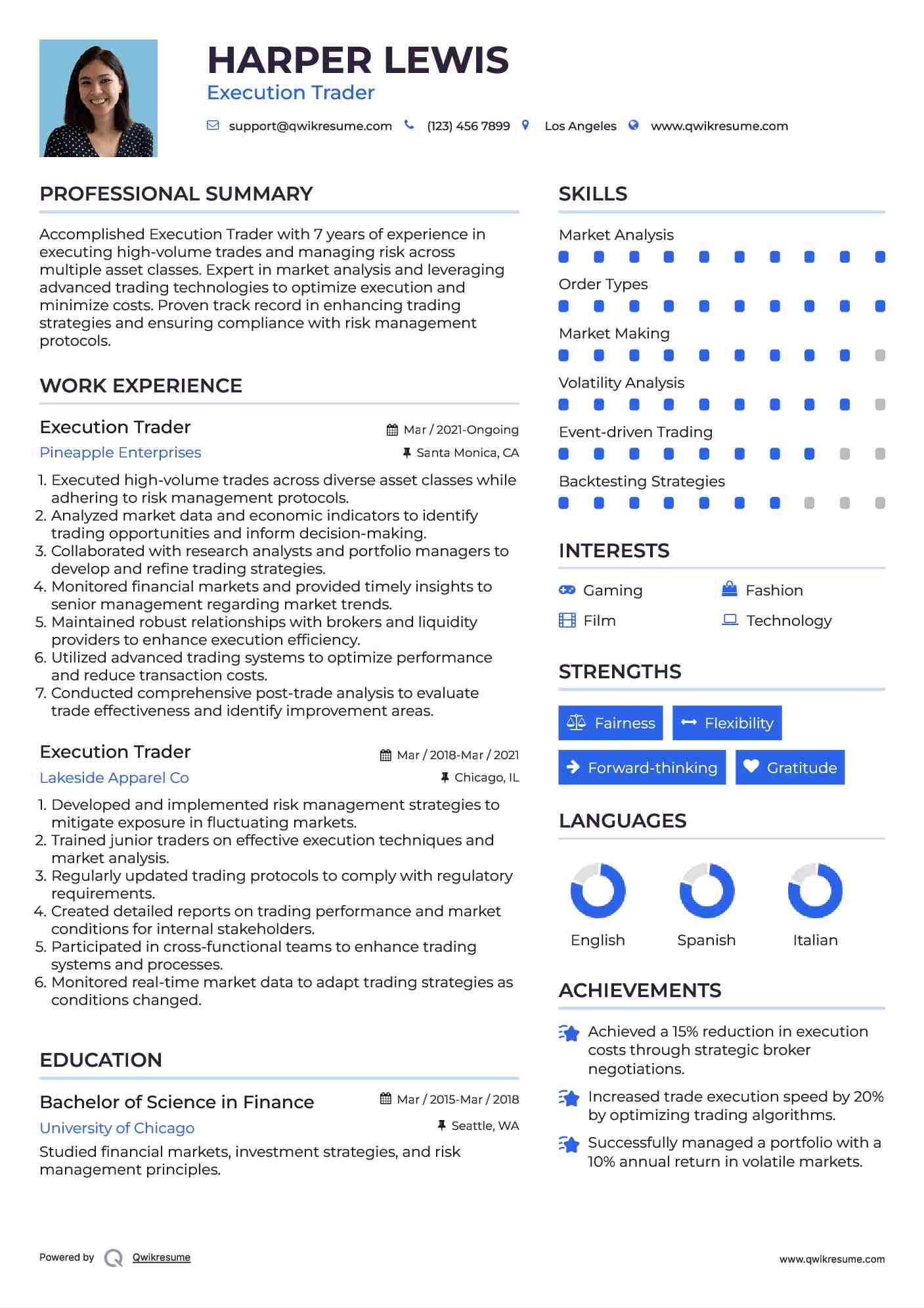 Execution Trader Resume Model