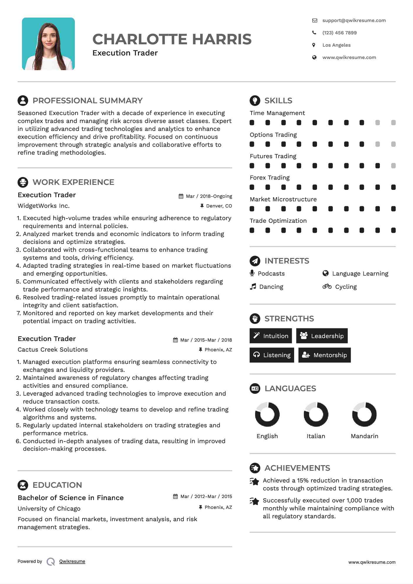 Execution Trader Resume Model
