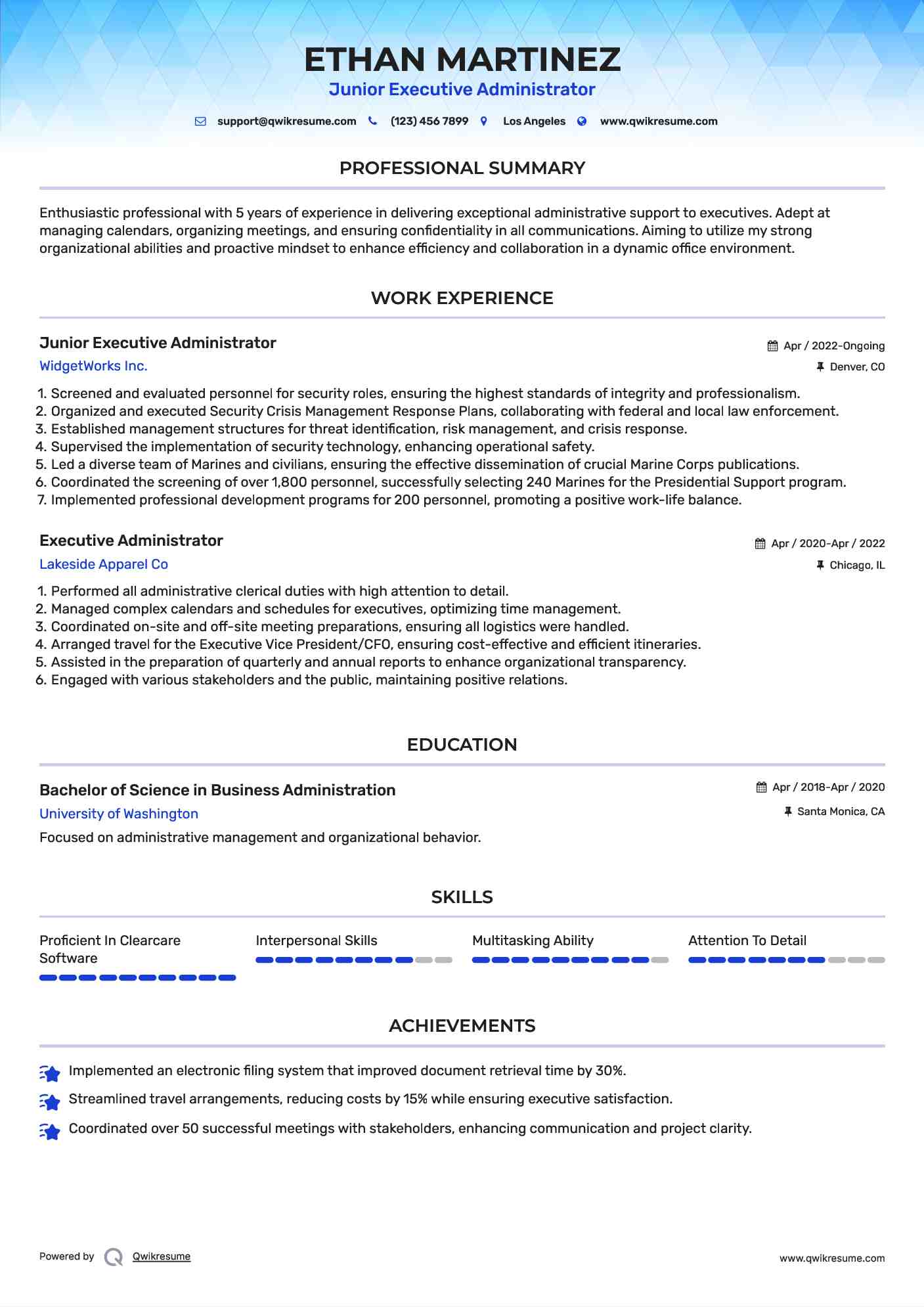 Junior Executive Administrator Resume Template