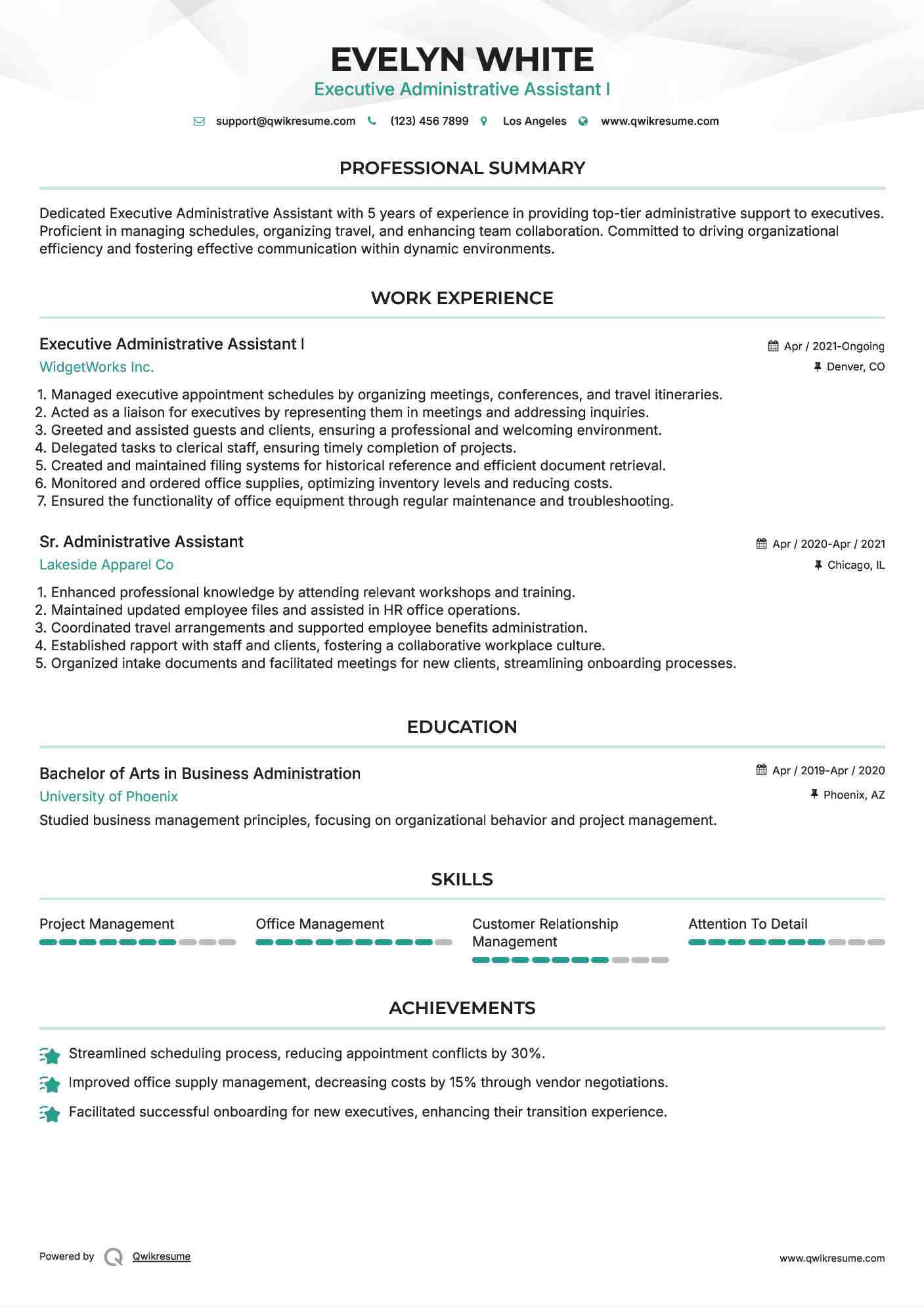 Executive Administrative Assistant I Resume Sample