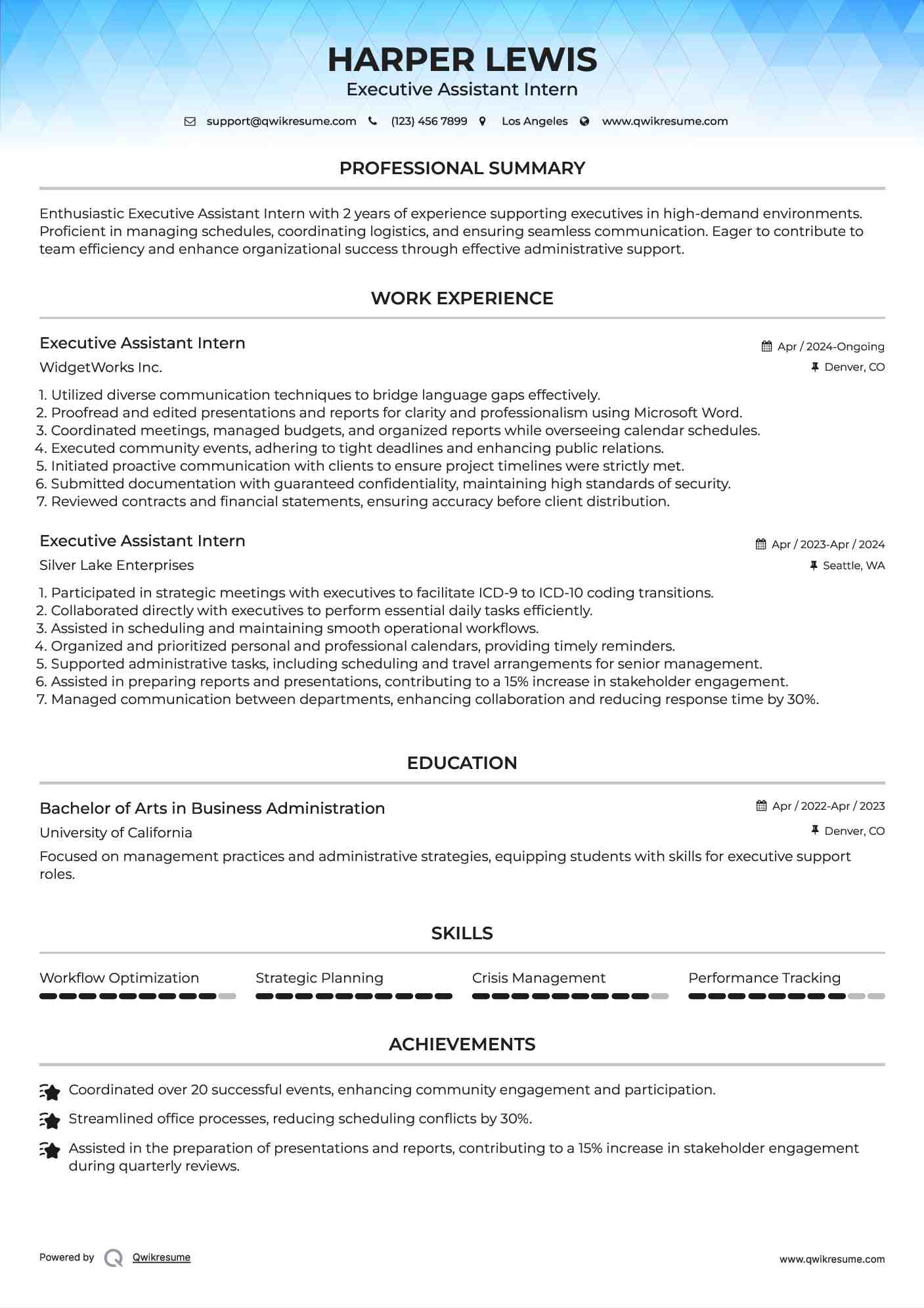 Executive Assistant Intern Resume Sample