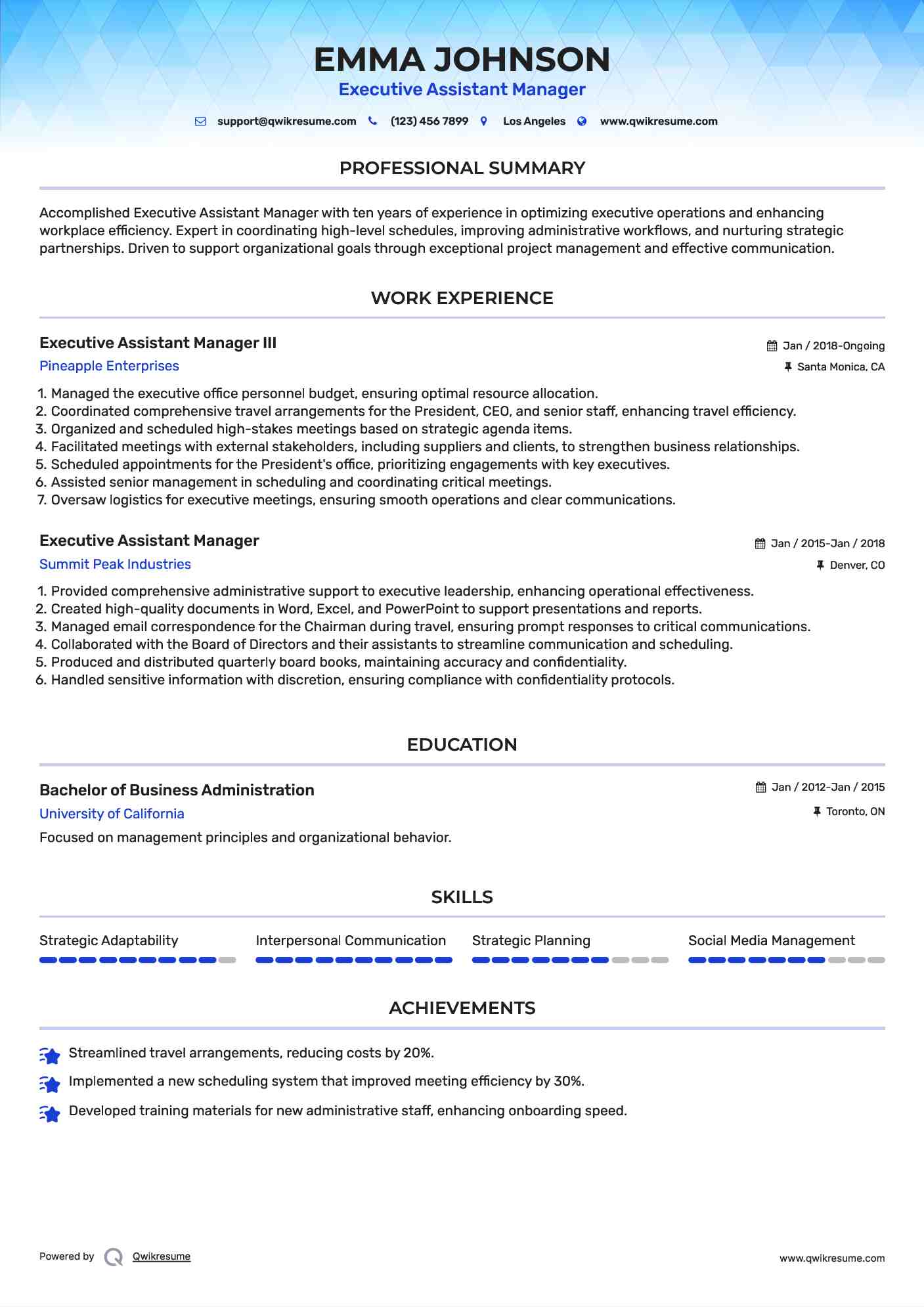 Executive Assistant Manager III Resume Example