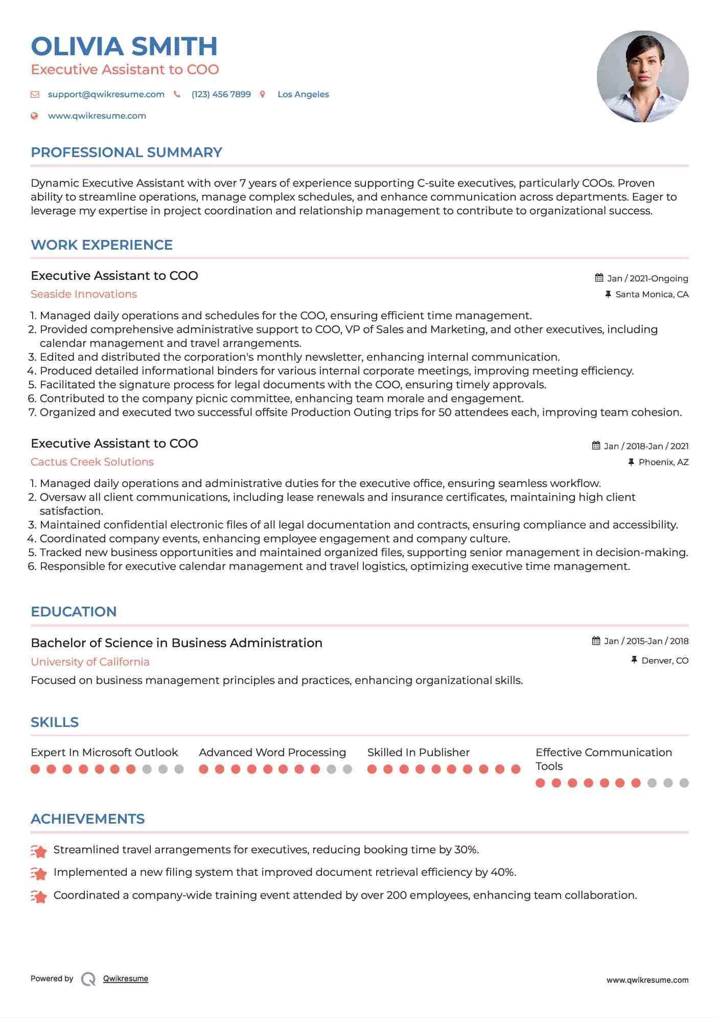 Executive Assistant to COO Resume Model