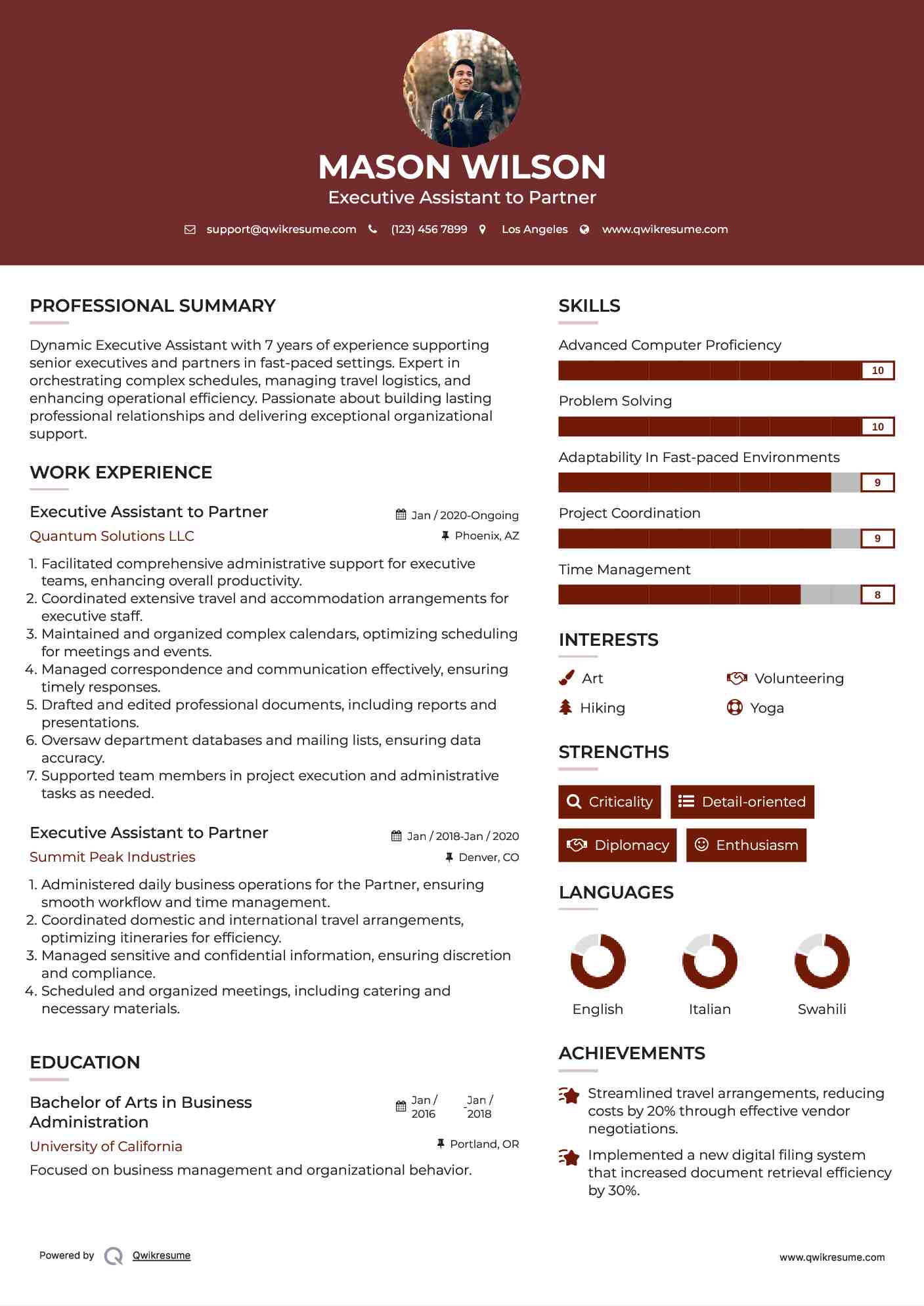 Executive Assistant to Partner Resume Model