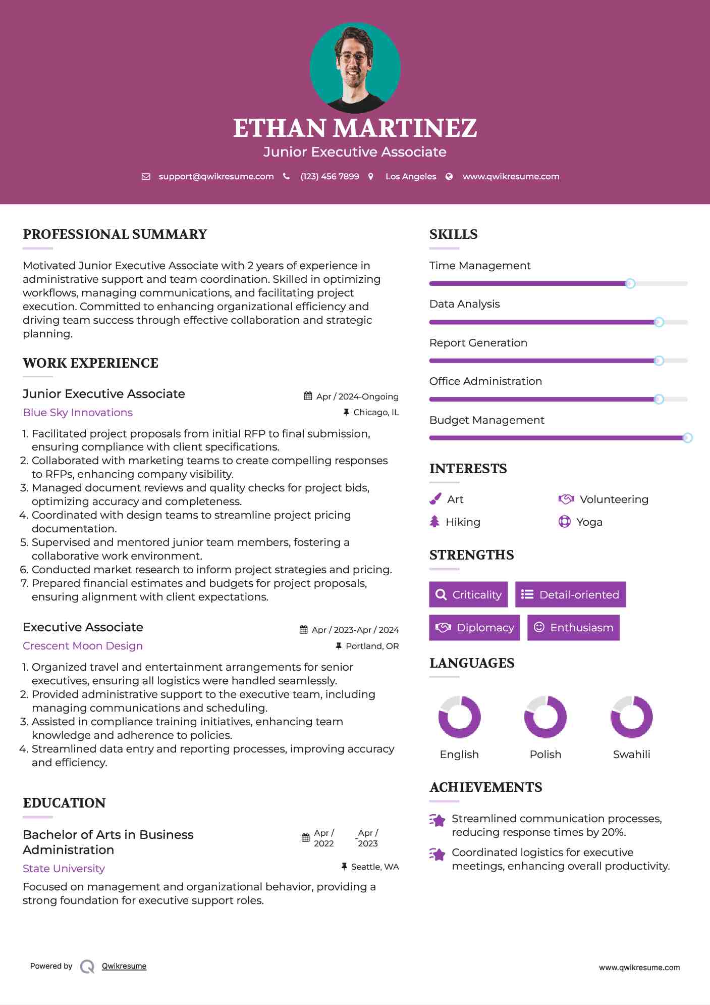 Junior Executive Associate Resume Sample