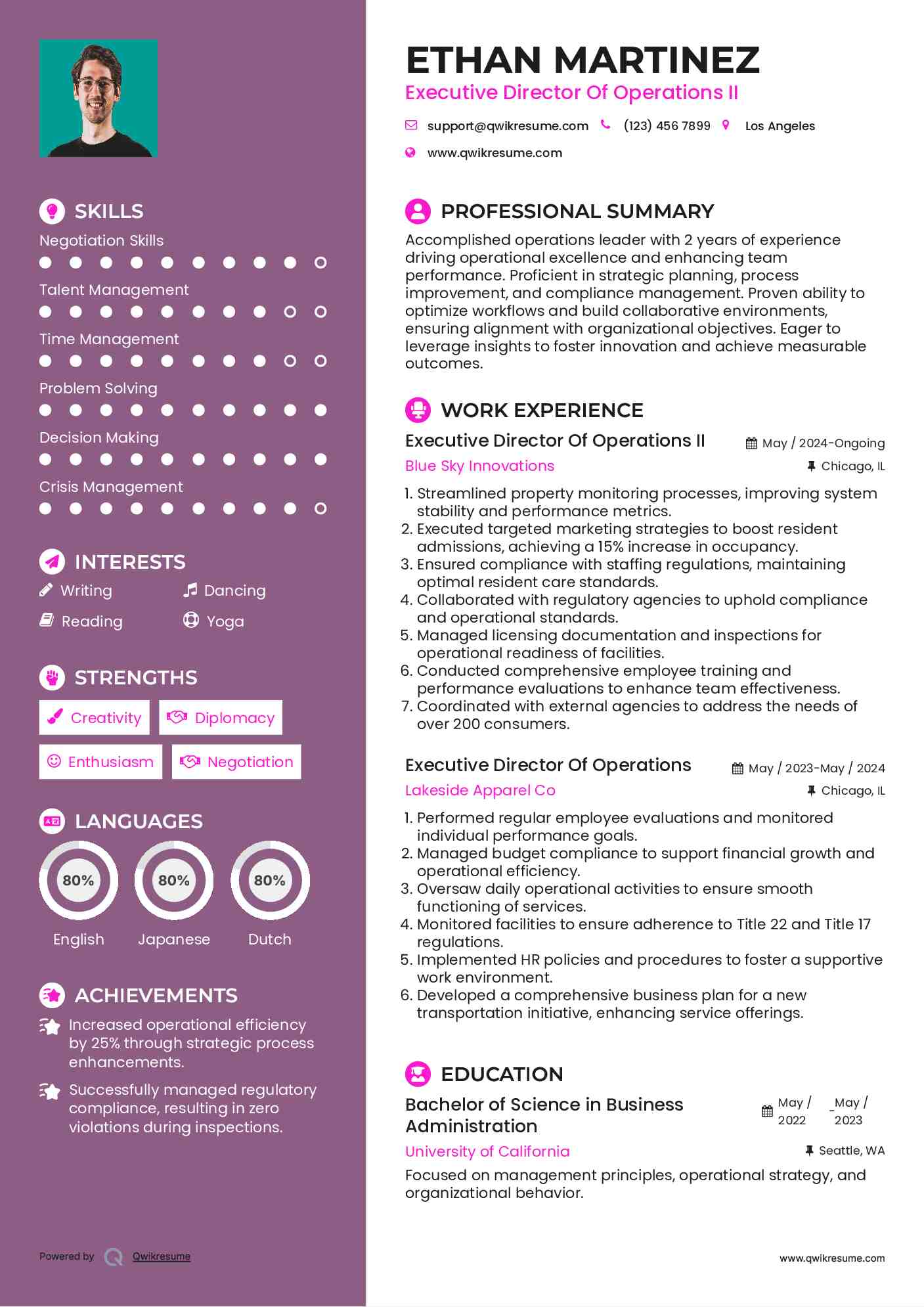 Executive Director Of Operations II Resume Example