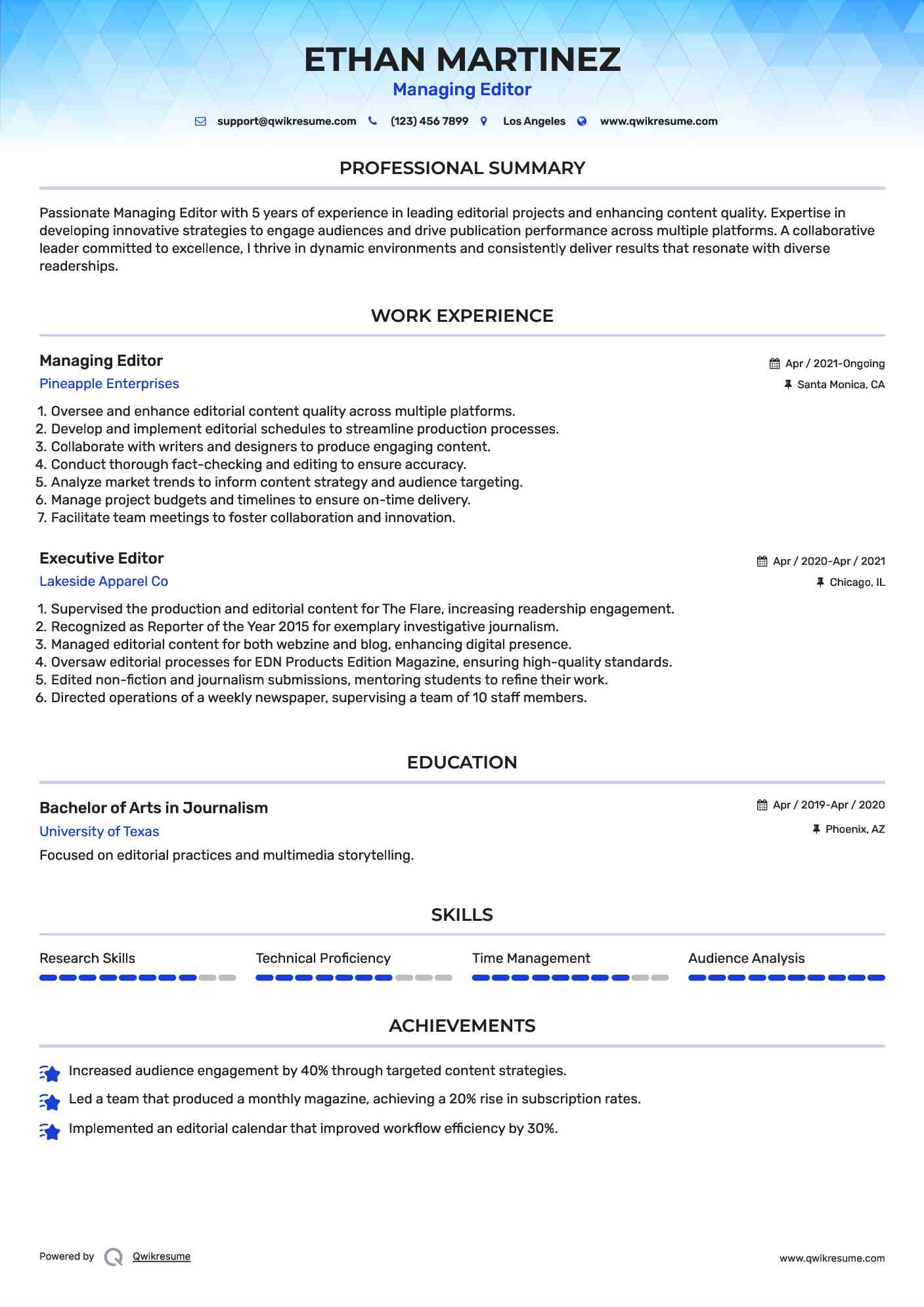 Managing Editor Resume Model