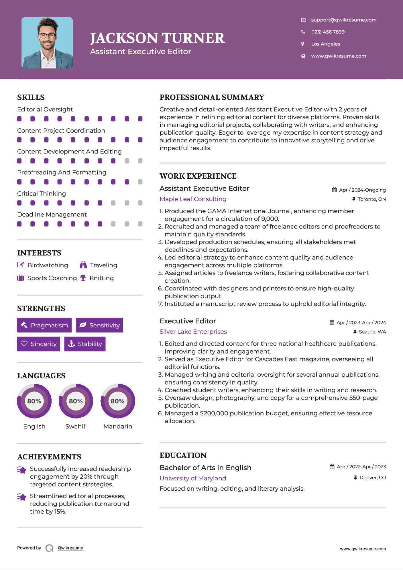 Assistant Executive Editor Resume Sample